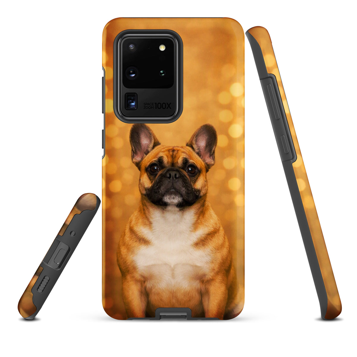 Phone Case for Samsung Galaxy featuring a French Bulldog against a golden bokeh background, adding charm and warmth to your device.