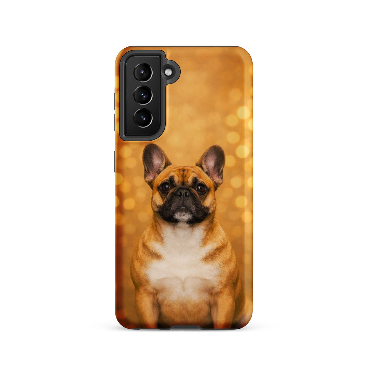 Phone Case for Samsung Galaxy with French Bulldog portrait on a golden bokeh background showcasing charm and warmth.