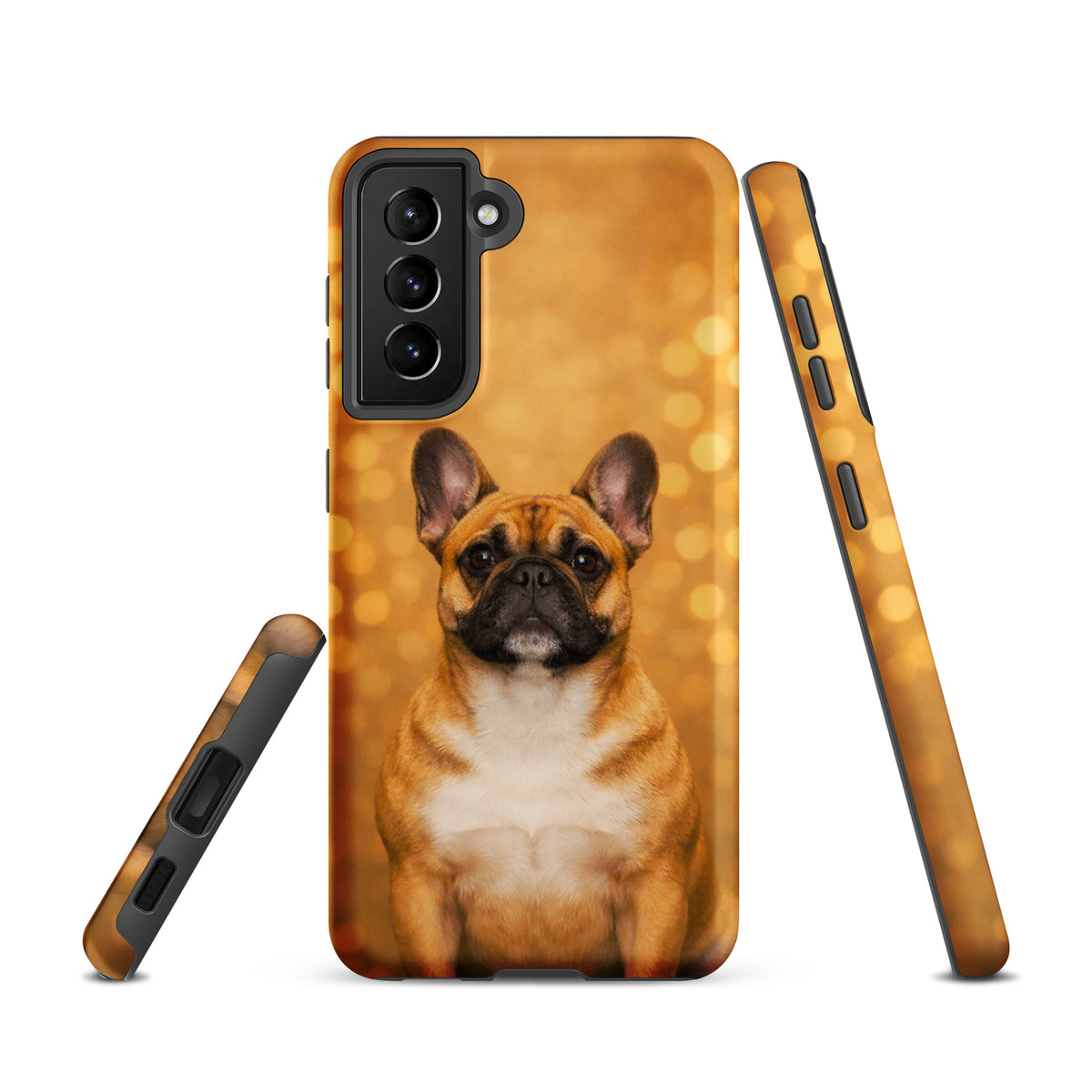 Phone Case for Samsung Galaxy featuring a cute French Bulldog against a golden bokeh background, perfect for dog lovers.