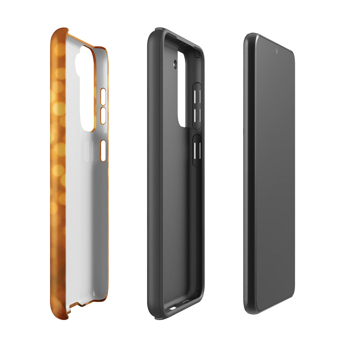 Phone Case for Samsung Galaxy with French Bulldog design and golden bokeh background shown in three pieces