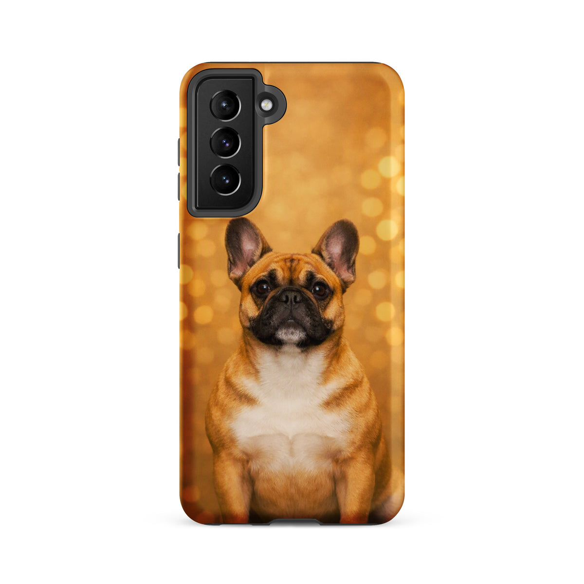 Phone Case for Samsung Galaxy featuring French Bulldog portrait with golden bokeh background, adds charm and warmth to your device.