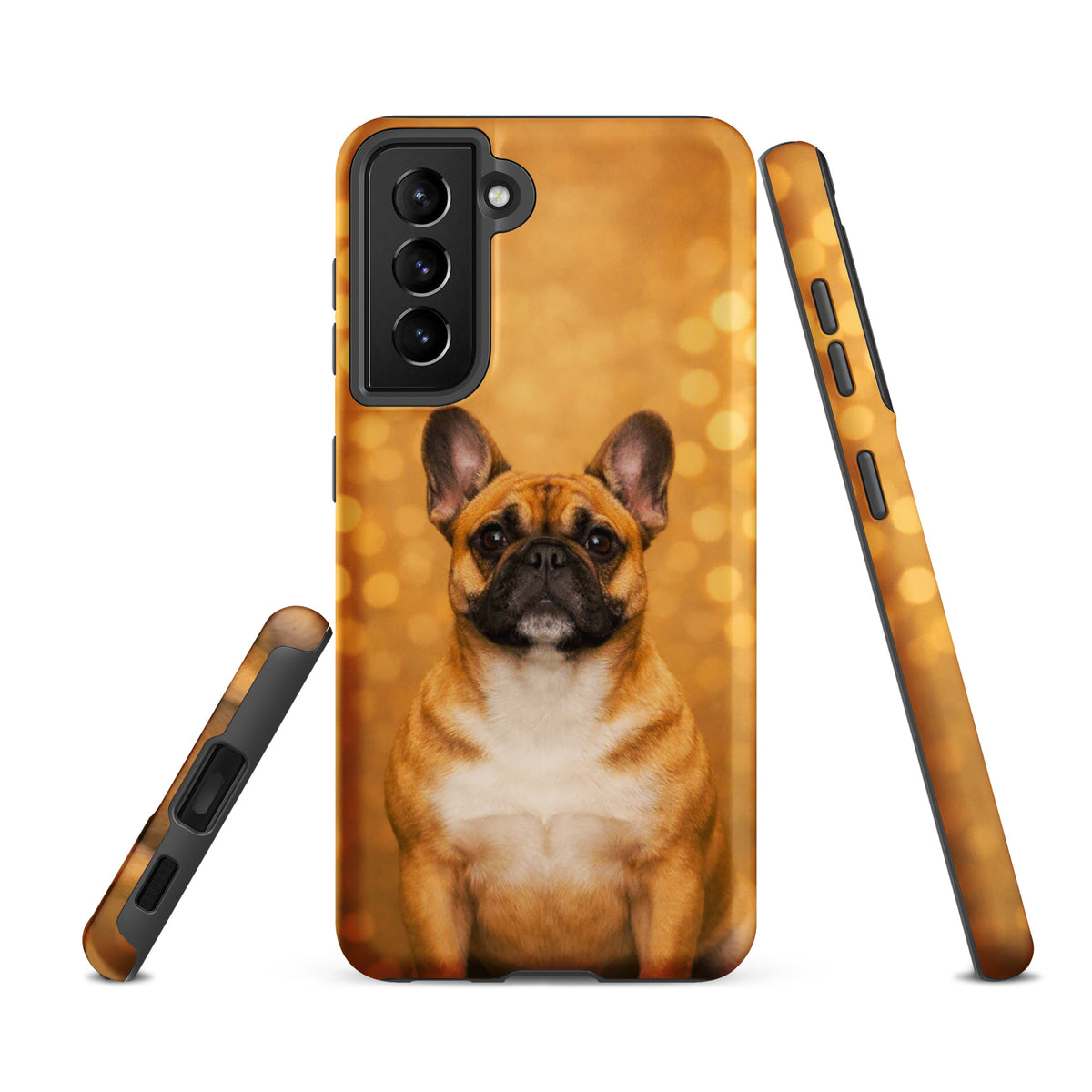 Phone Case for Samsung Galaxy featuring a French Bulldog portrait on a golden bokeh background, adding charm and sophistication.