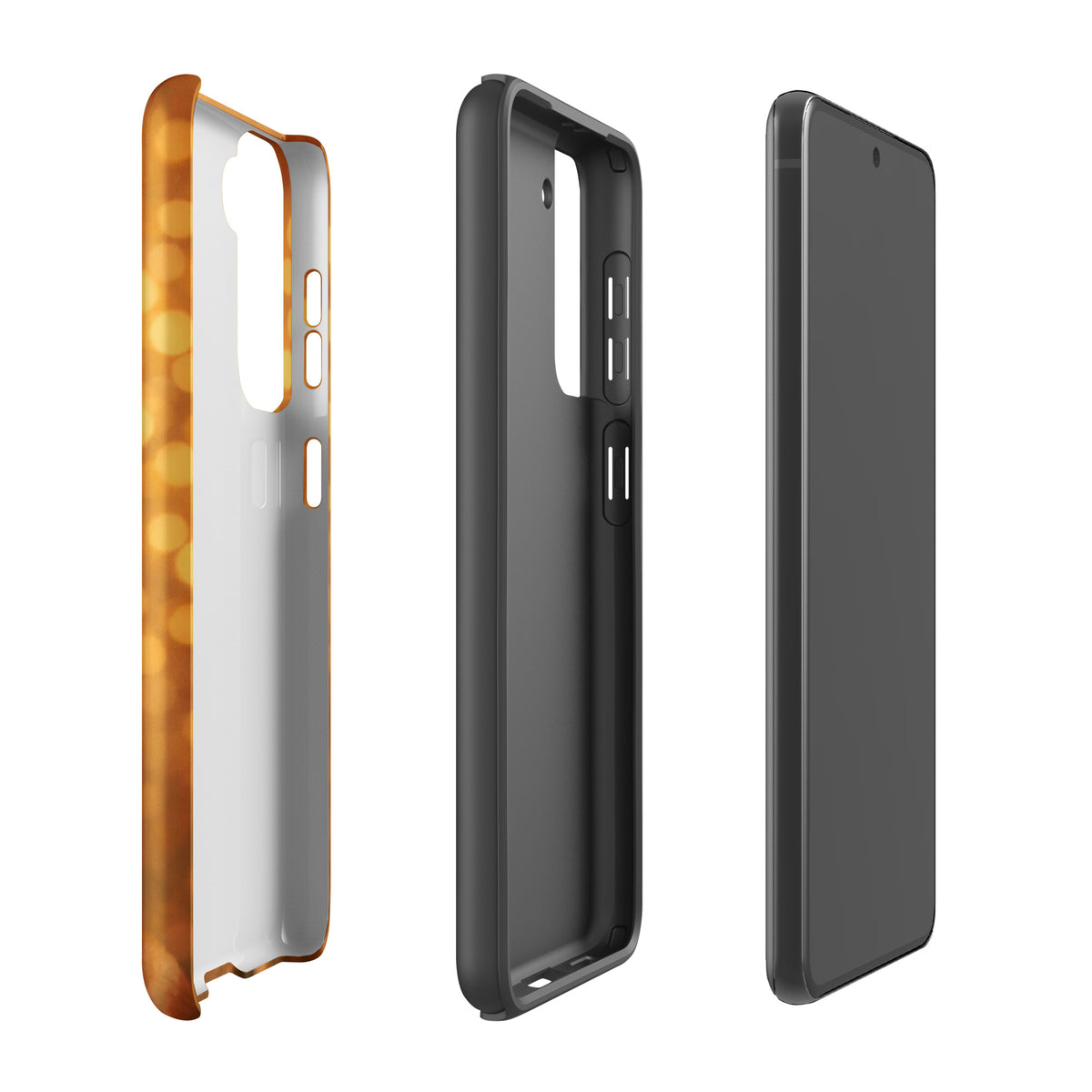 Phone Case for Samsung Galaxy with French Bulldog design, featuring a golden bokeh background, side view of case.