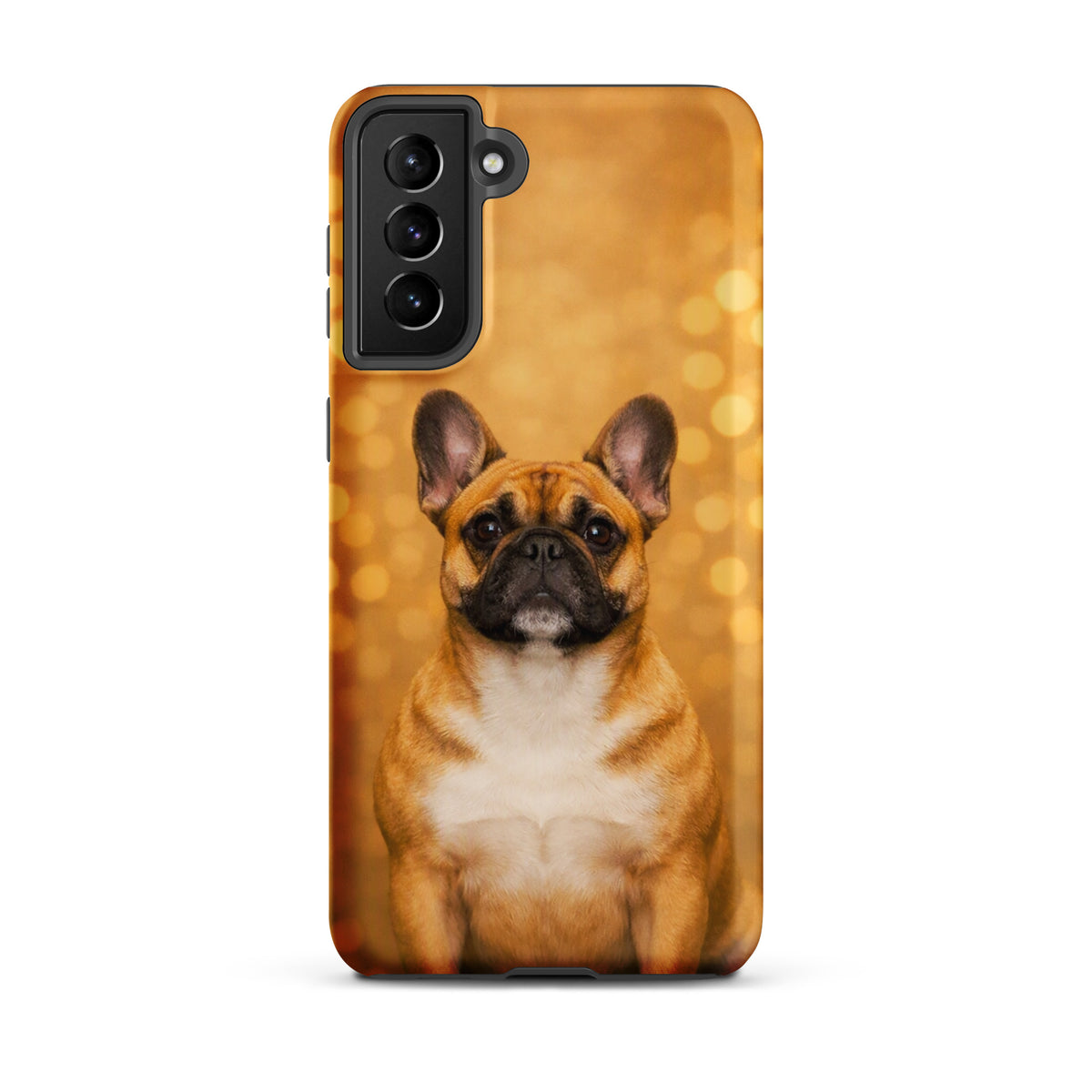 Phone Case for Samsung Galaxy with French Bulldog portrait against golden bokeh background, charming dog lover's accessory.