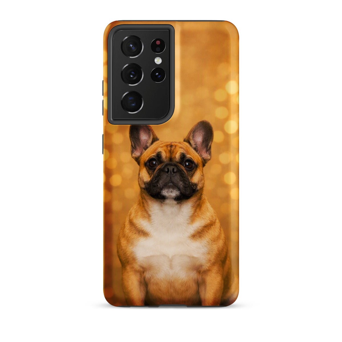 Phone Case for Samsung Galaxy featuring a French Bulldog portrait against golden bokeh background, adding charm and character.