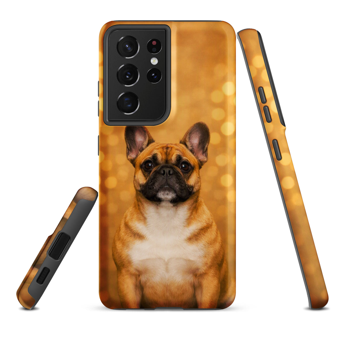 Phone Case for Samsung Galaxy featuring a French Bulldog portrait with golden bokeh background