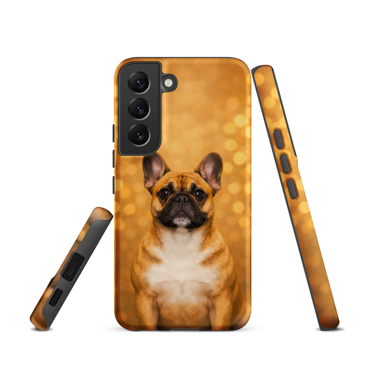 Phone Case for Samsung Galaxy with French Bulldog portrait against golden bokeh background, perfect for dog lovers.