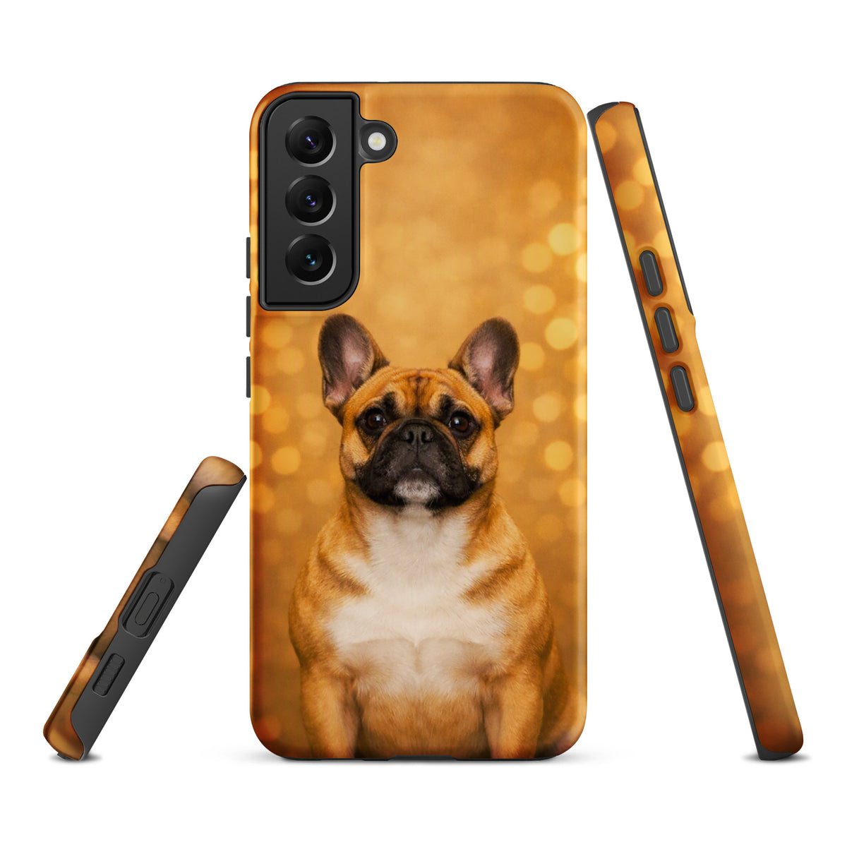 Phone Case for Samsung Galaxy featuring French Bulldog portrait on golden bokeh background, adds charm to your device with pet-inspired design.