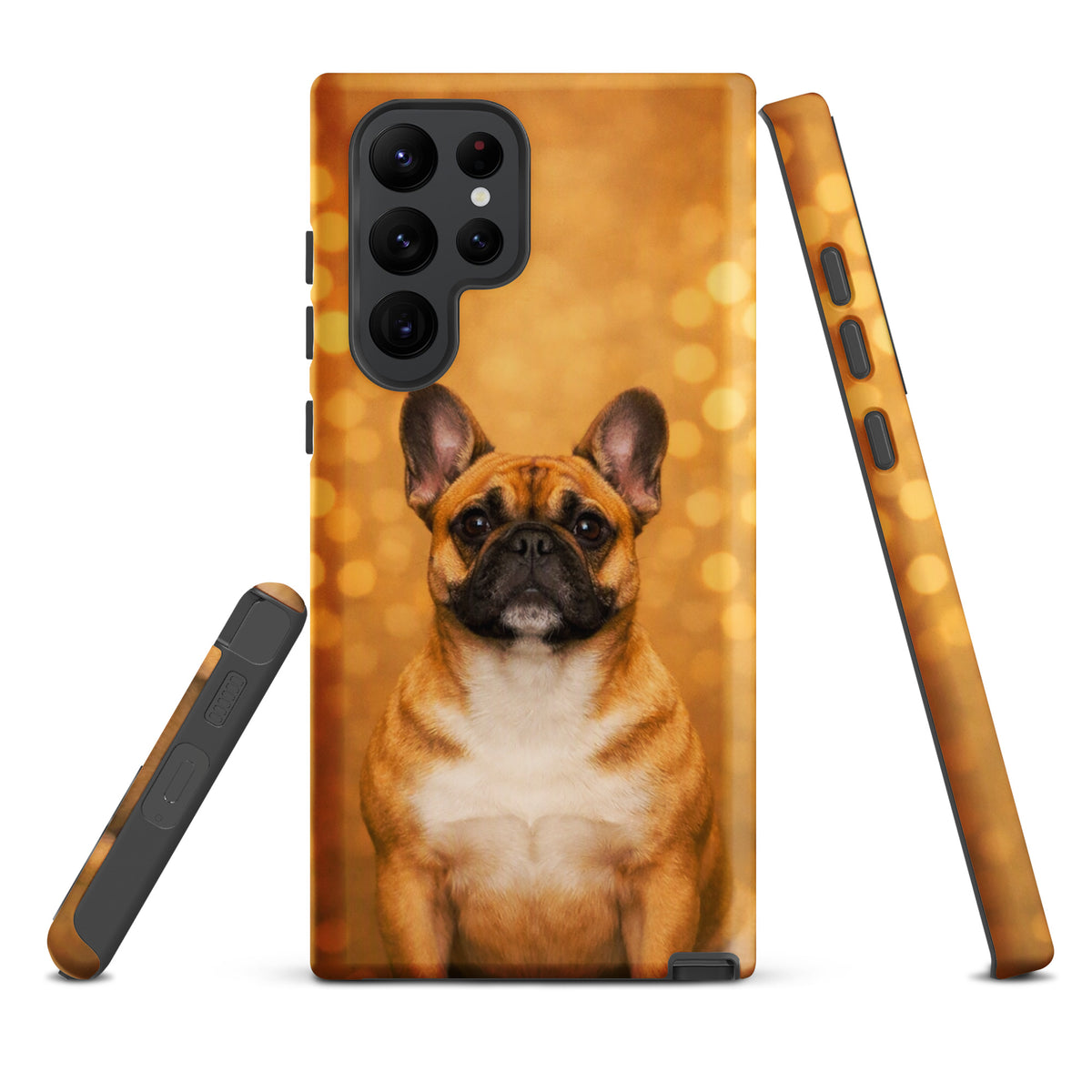 Phone Case for Samsung Galaxy featuring a French Bulldog portrait against a golden bokeh background. Perfect for dog lovers.