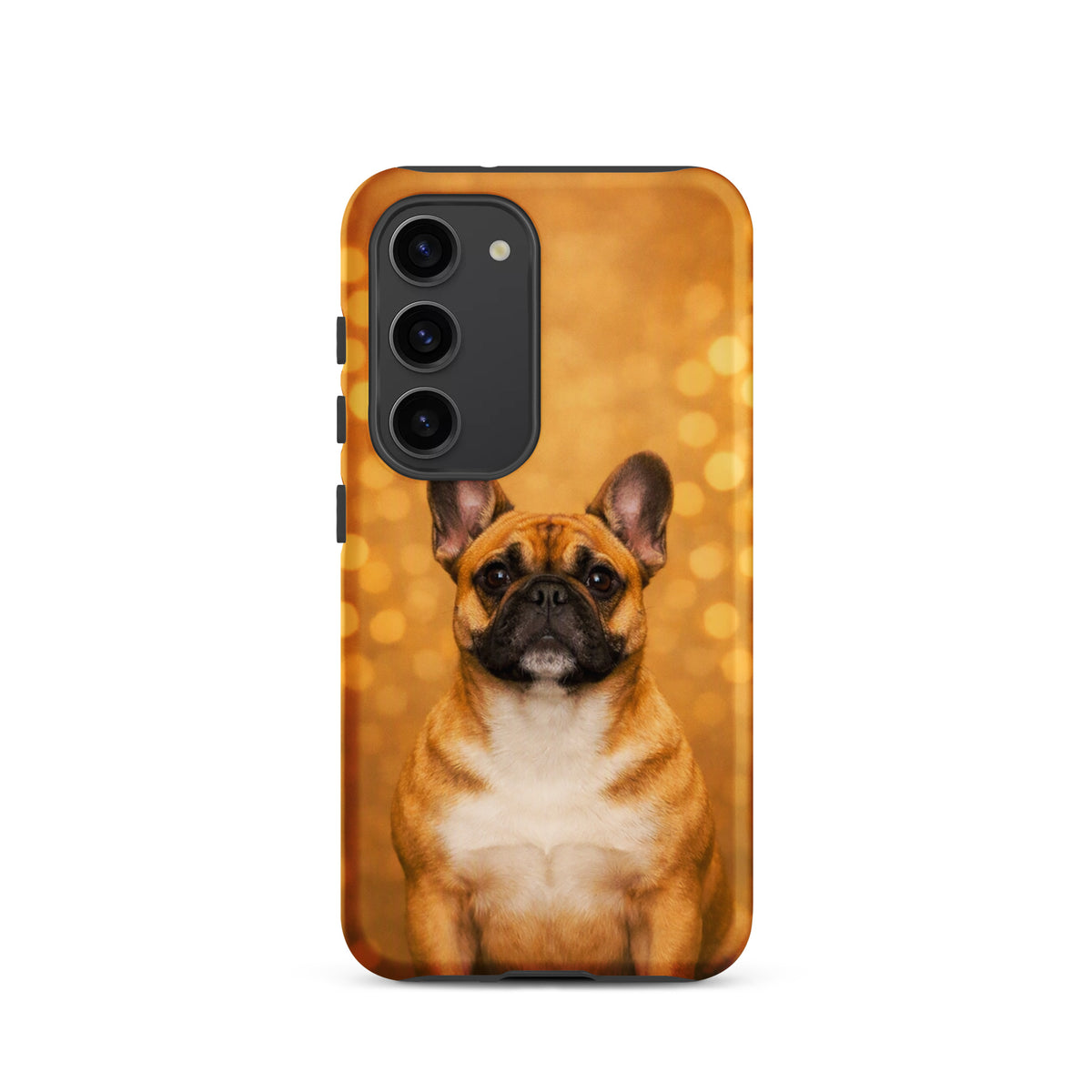 Phone Case for Samsung Galaxy featuring French Bulldog against golden bokeh background, adding charm and warmth to your device.