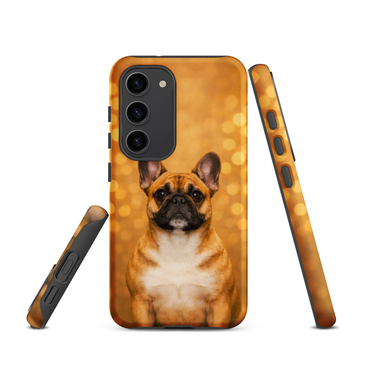 Phone Case for Samsung Galaxy featuring a charming French Bulldog against a golden bokeh background, perfect for dog lovers.