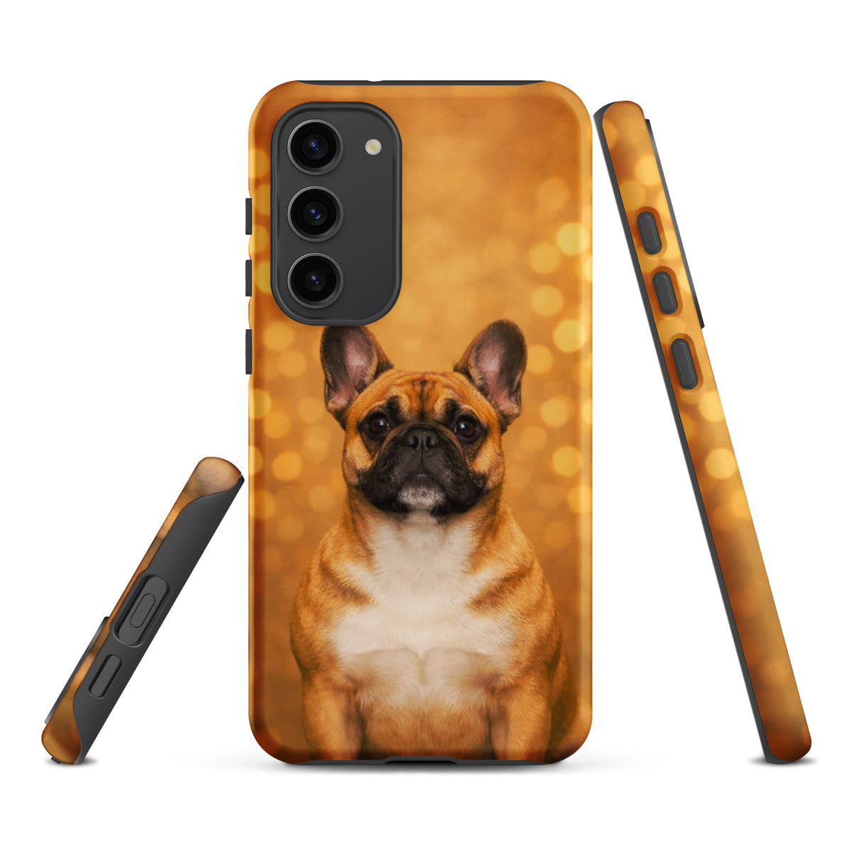 Phone Case for Samsung Galaxy with French Bulldog portrait, featuring a whimsical golden bokeh background for added charm and character.