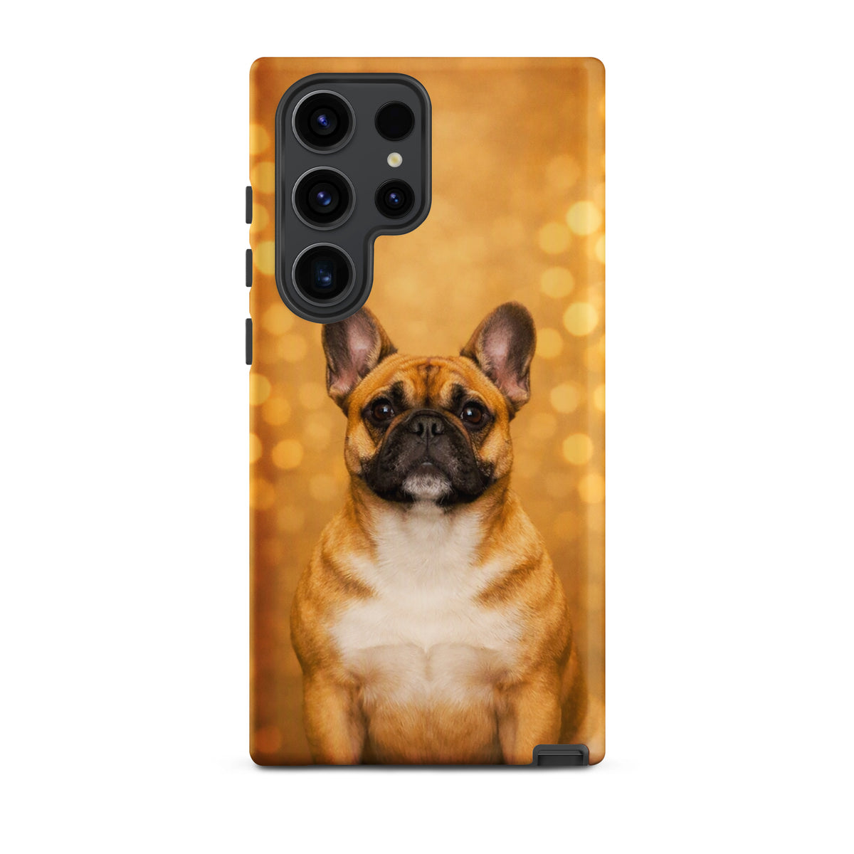 Phone Case for Samsung Galaxy featuring French Bulldog portrait with golden bokeh background, adding charm and character to your device.
