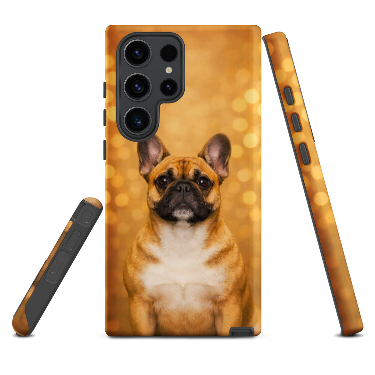 Phone Case for Samsung Galaxy featuring charming French Bulldog portrait on golden bokeh background