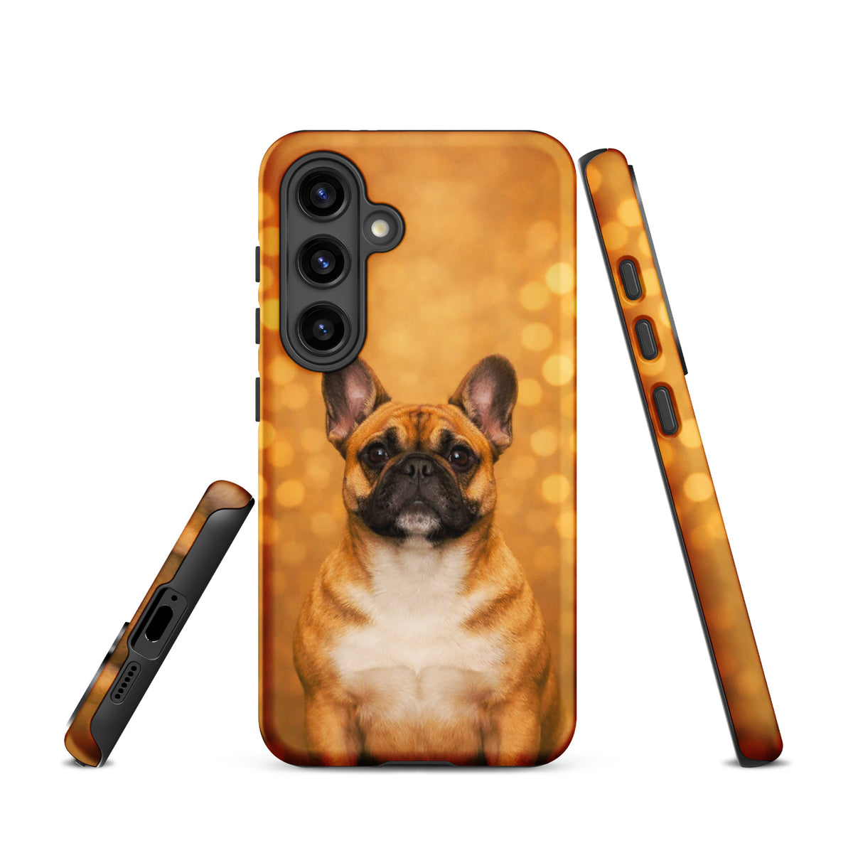 Phone Case for Samsung Galaxy featuring a French Bulldog portrait with golden bokeh background, adding charm and sophistication to your device.