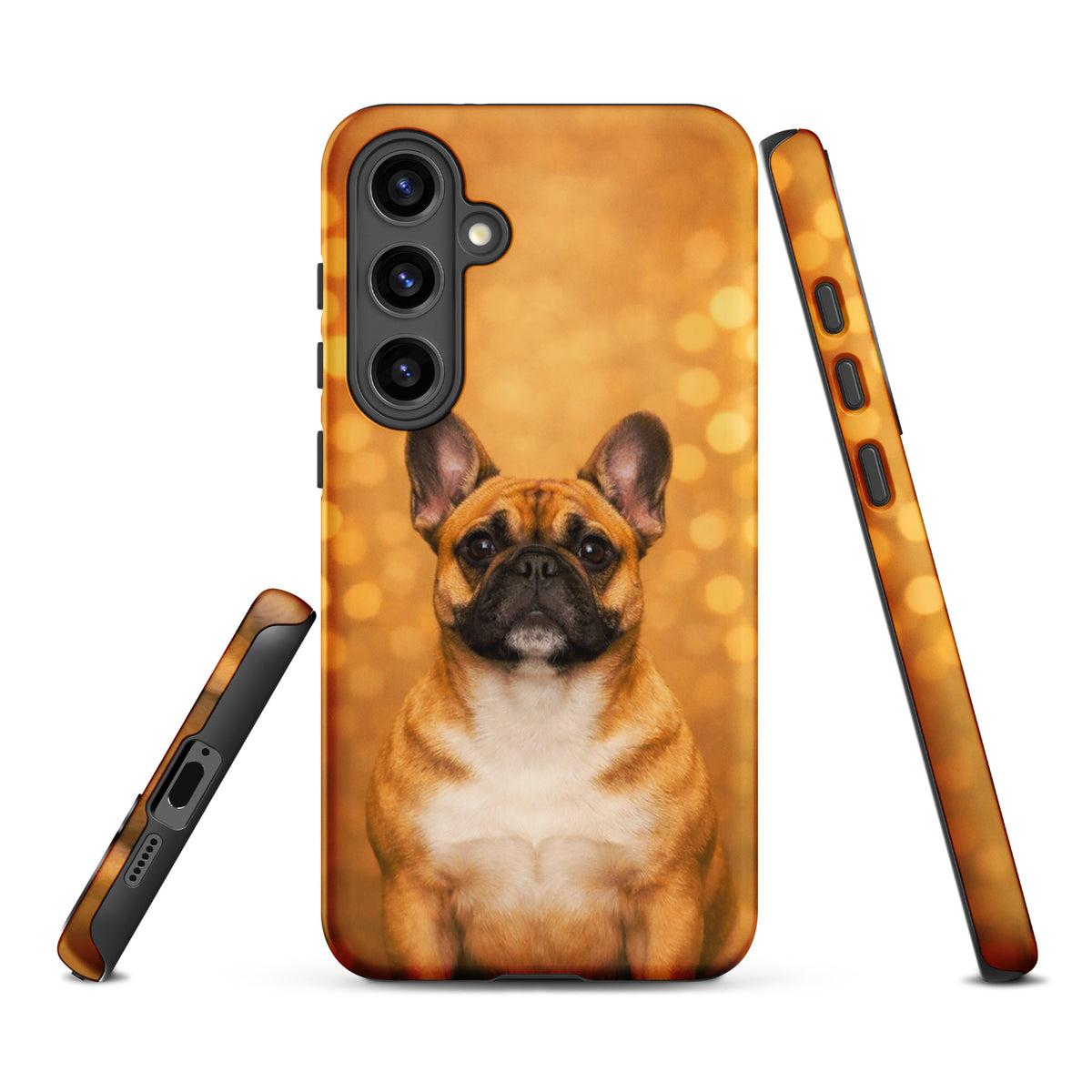 Phone Case for Samsung Galaxy featuring French Bulldog portrait with golden bokeh background, adding charm and sophistication to your device.