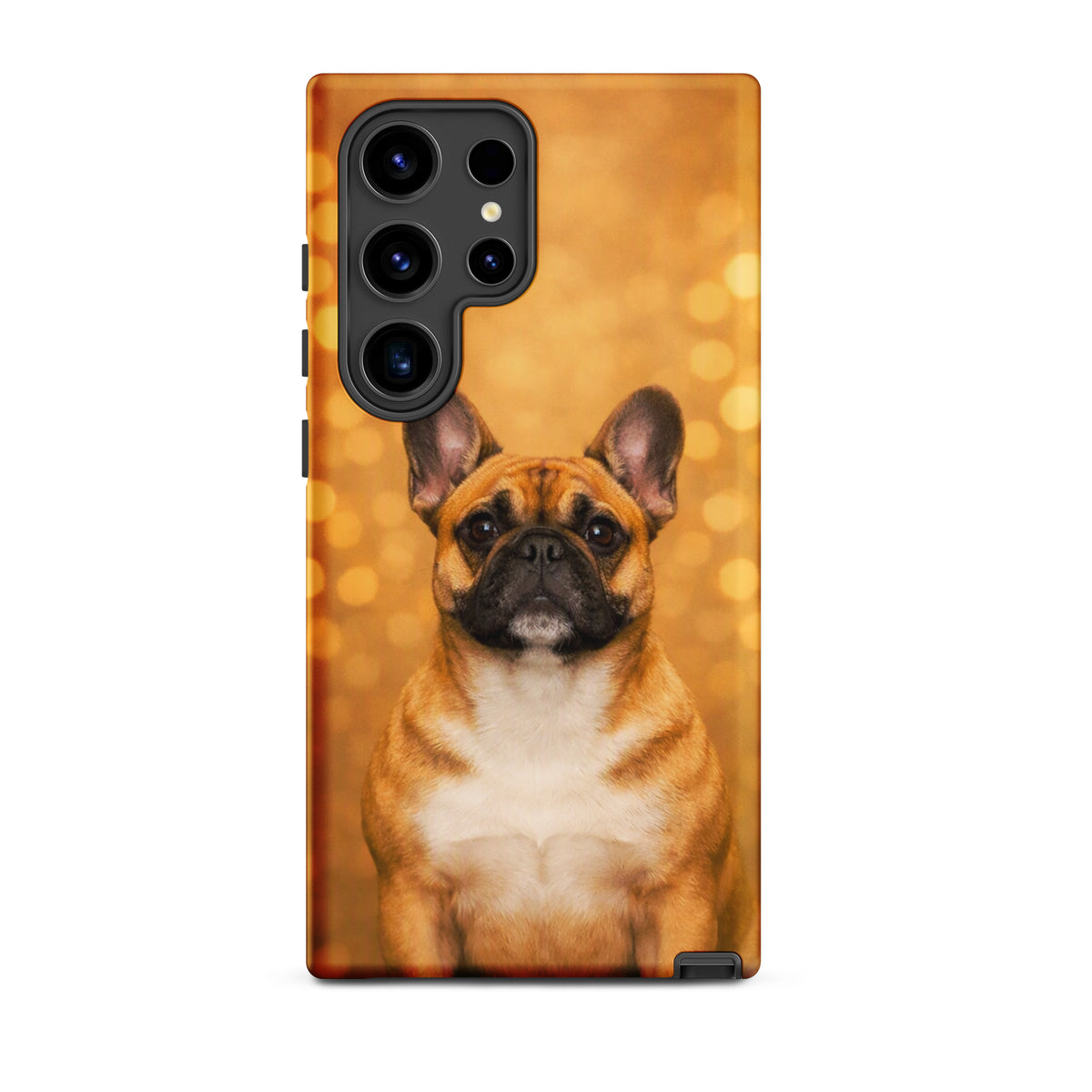 Phone Case for Samsung Galaxy featuring a French Bulldog portrait with a golden bokeh background, adding charm and personality.