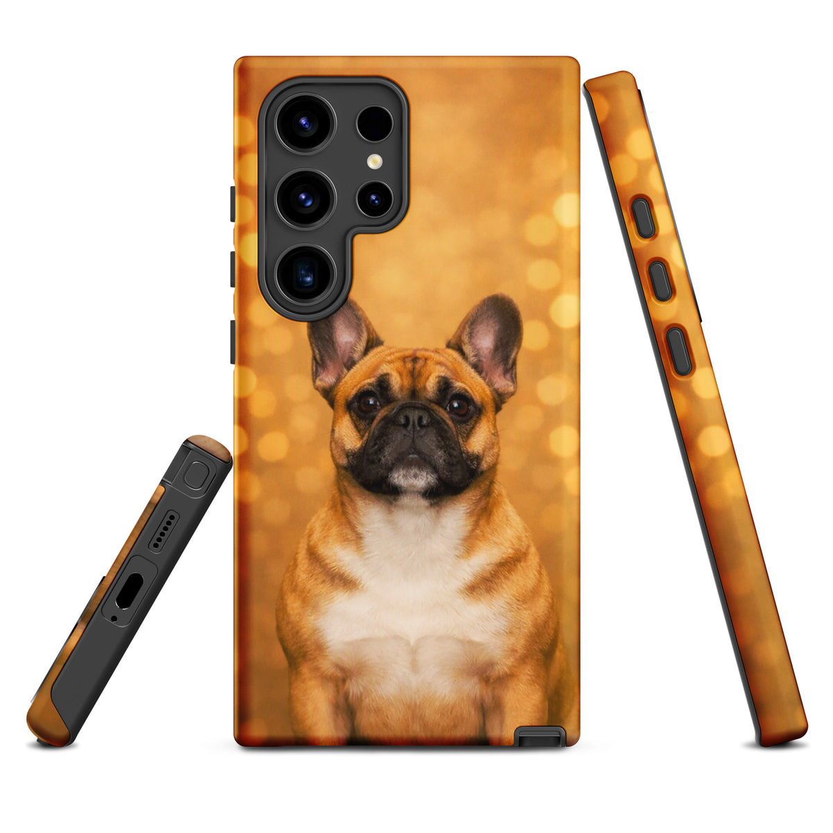 Phone Case for Samsung Galaxy with French Bulldog portrait against golden bokeh background, adding charm and playful sophistication.