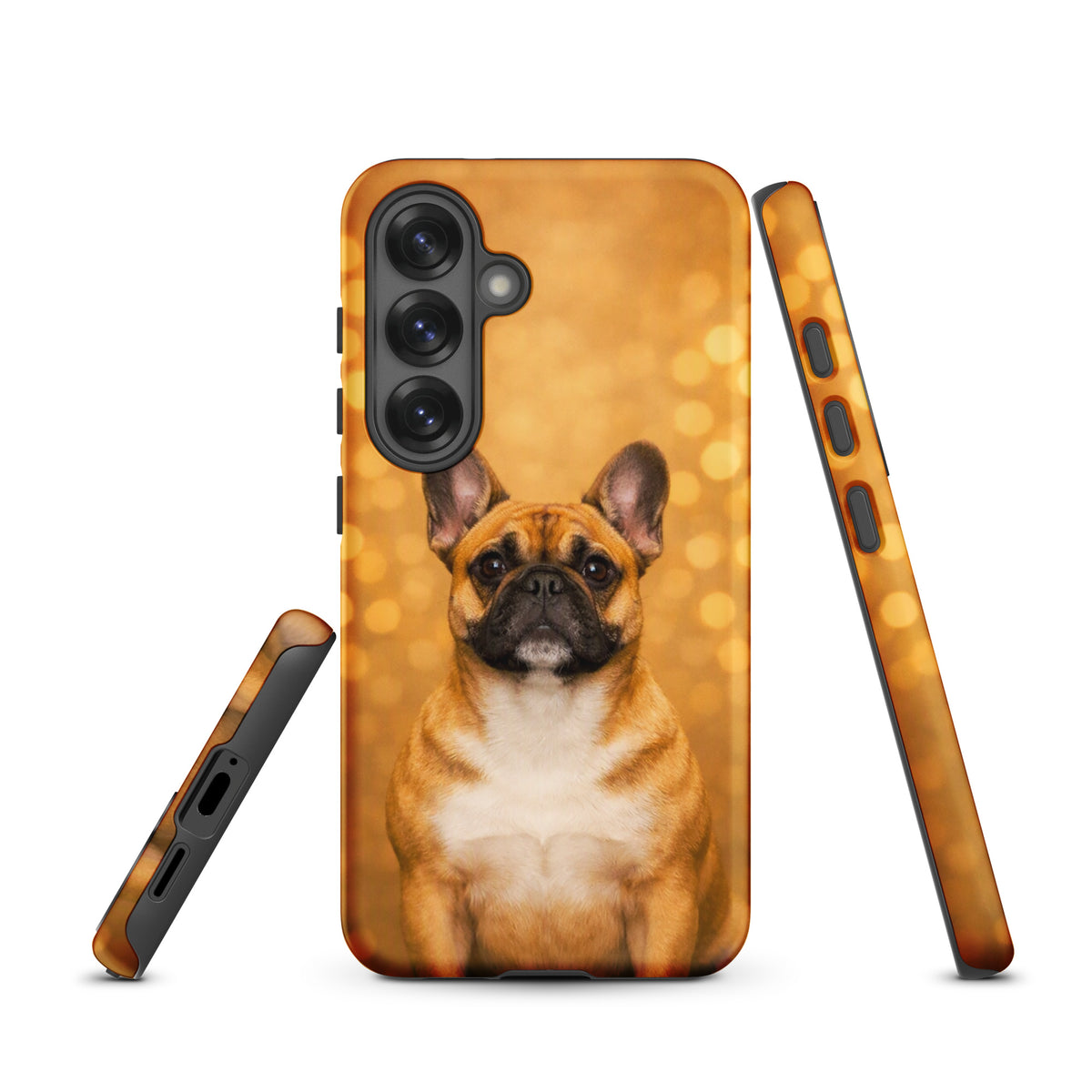 Phone Case for Samsung Galaxy featuring a French Bulldog portrait with golden background, adds charm and character to your device.
