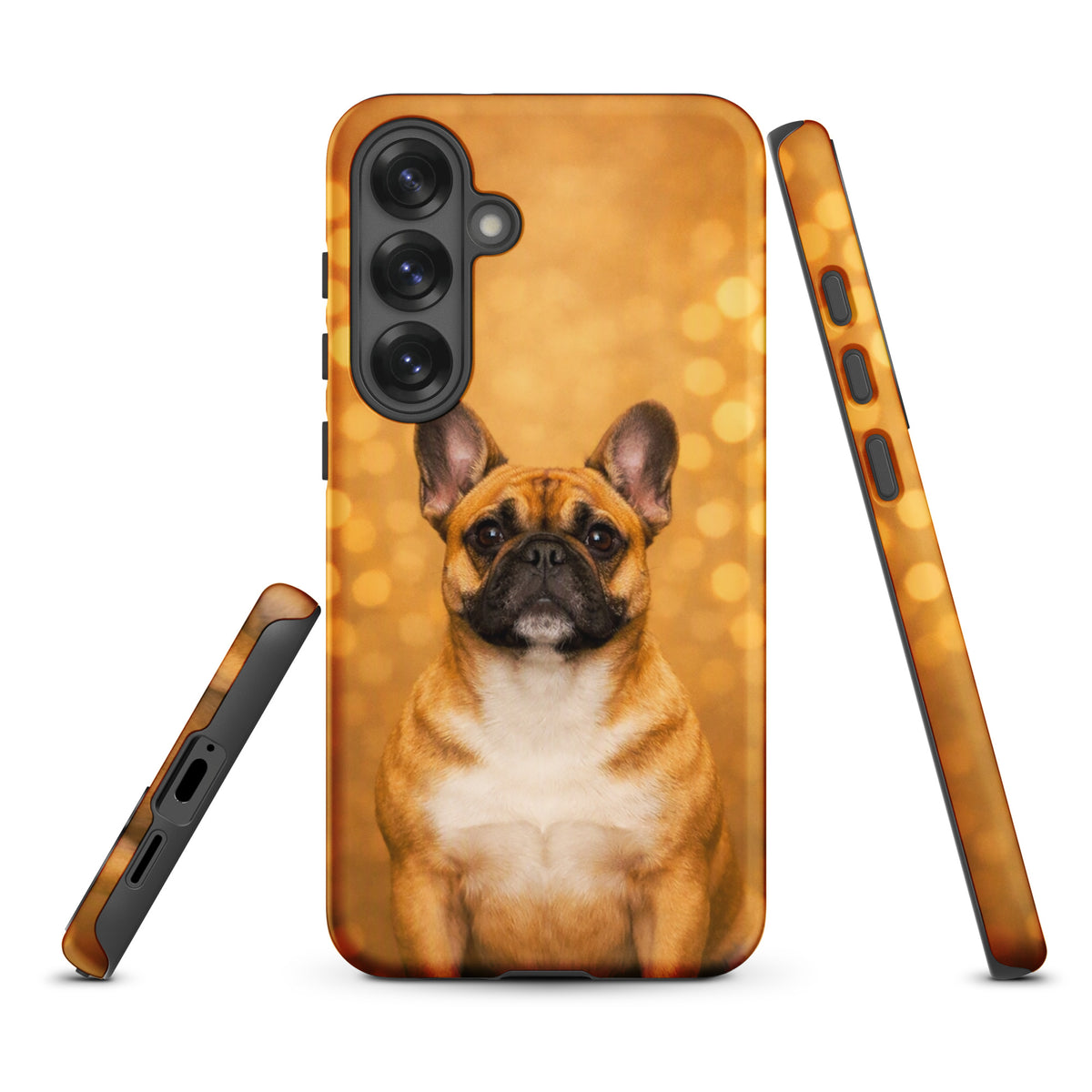 Phone Case for Samsung Galaxy featuring a French Bulldog portrait with a golden bokeh background, highlighting whimsy and charm.