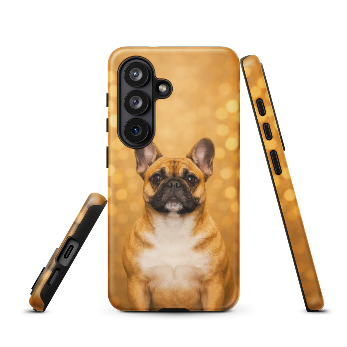 Phone Case for Samsung Galaxy featuring French Bulldog portrait against golden bokeh background, showcasing charm and sophistication.