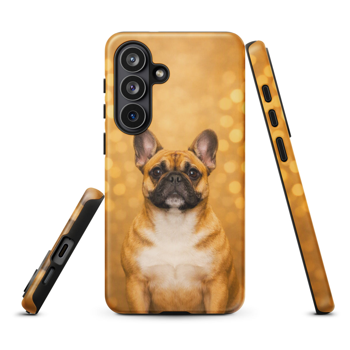 Phone Case for Samsung Galaxy featuring French Bulldog with golden bokeh background, radiating charm and whimsical sophistication.