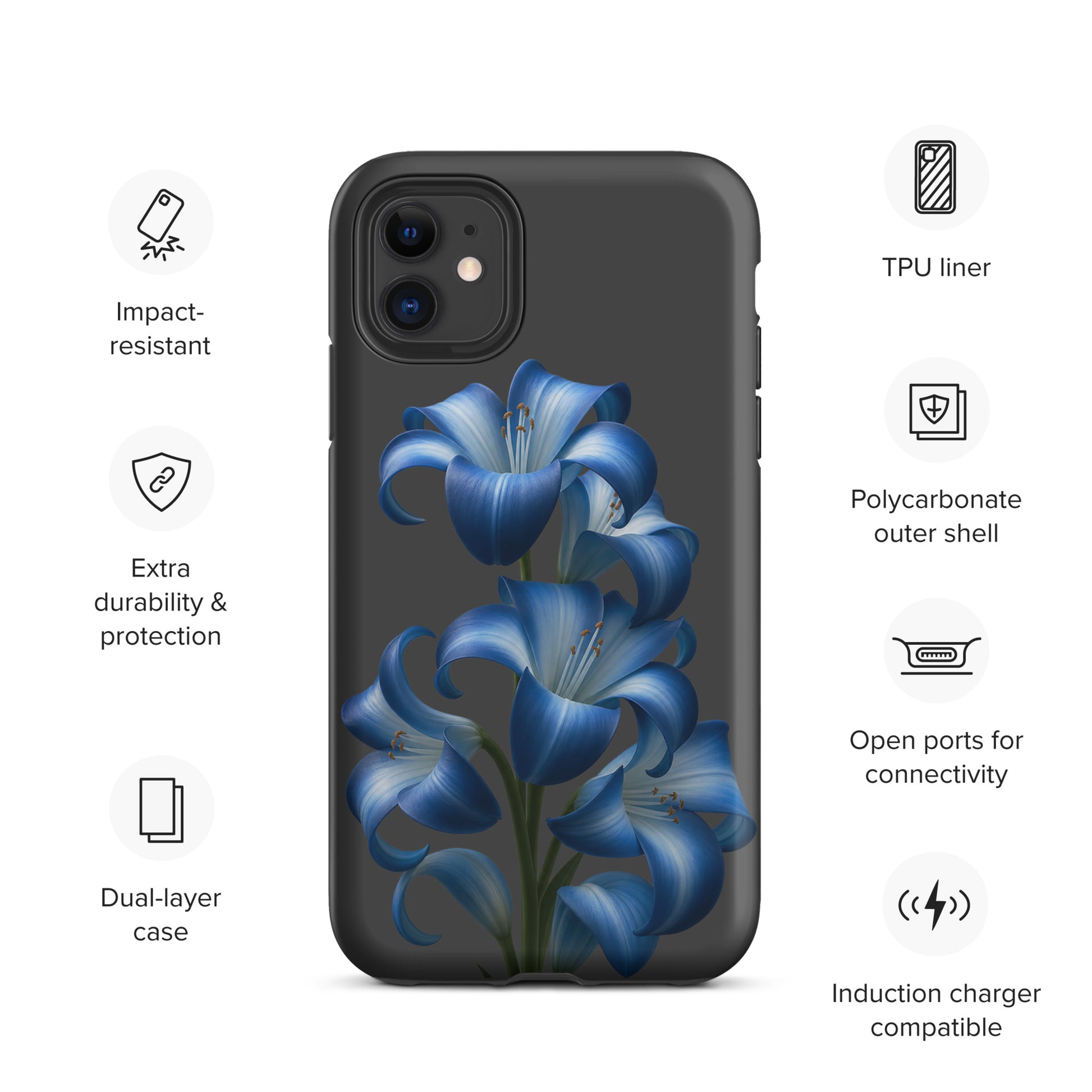 Phone Case for iPhone with Blue Lily Bloom Art on dark background for stylish protection