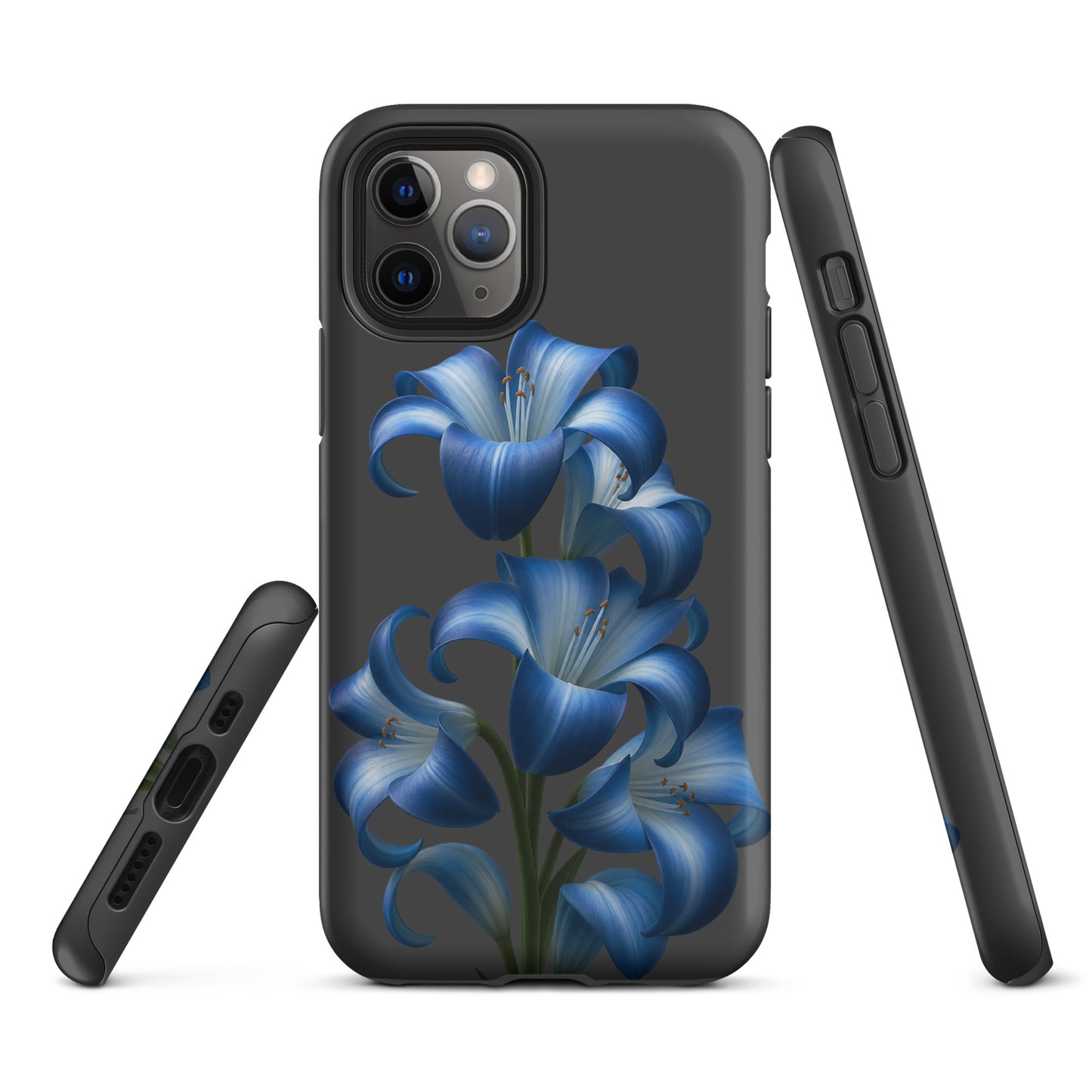 Phone Case for iPhone featuring blue lily bloom art with dark background, offering premium protection and style for your device.