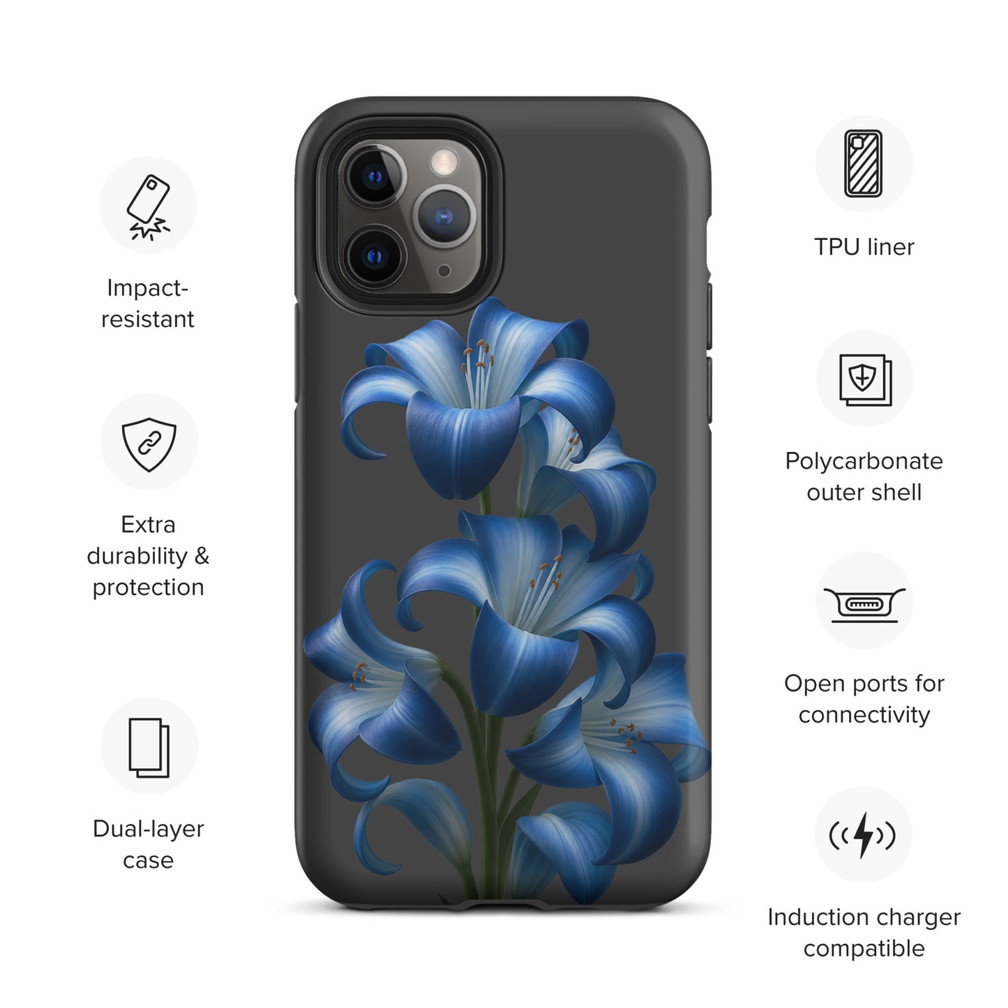 Phone Case for iPhone with blue lily bloom art on dark background, showcasing dual-layer protection and impact resistance features.