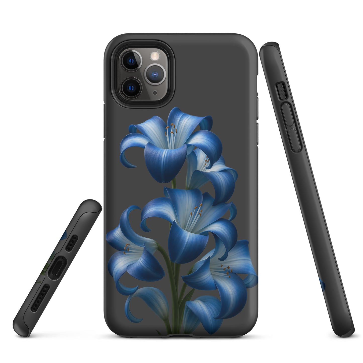 Phone Case for iPhone with Blue Lily Bloom Art on black background, showcasing vibrant design and tough dual-layer build for protection.