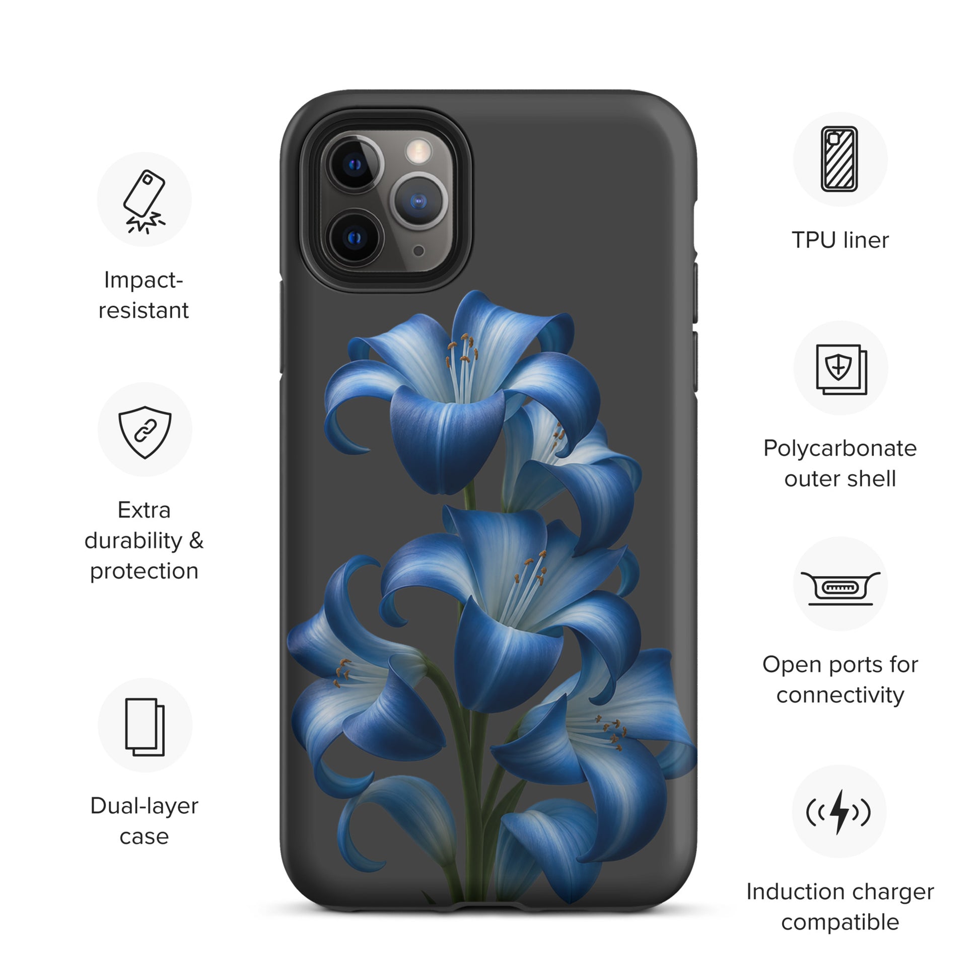 Phone Case for iPhone with blue lily bloom art, featuring impact-resistant dual-layer protection and stylish floral design.