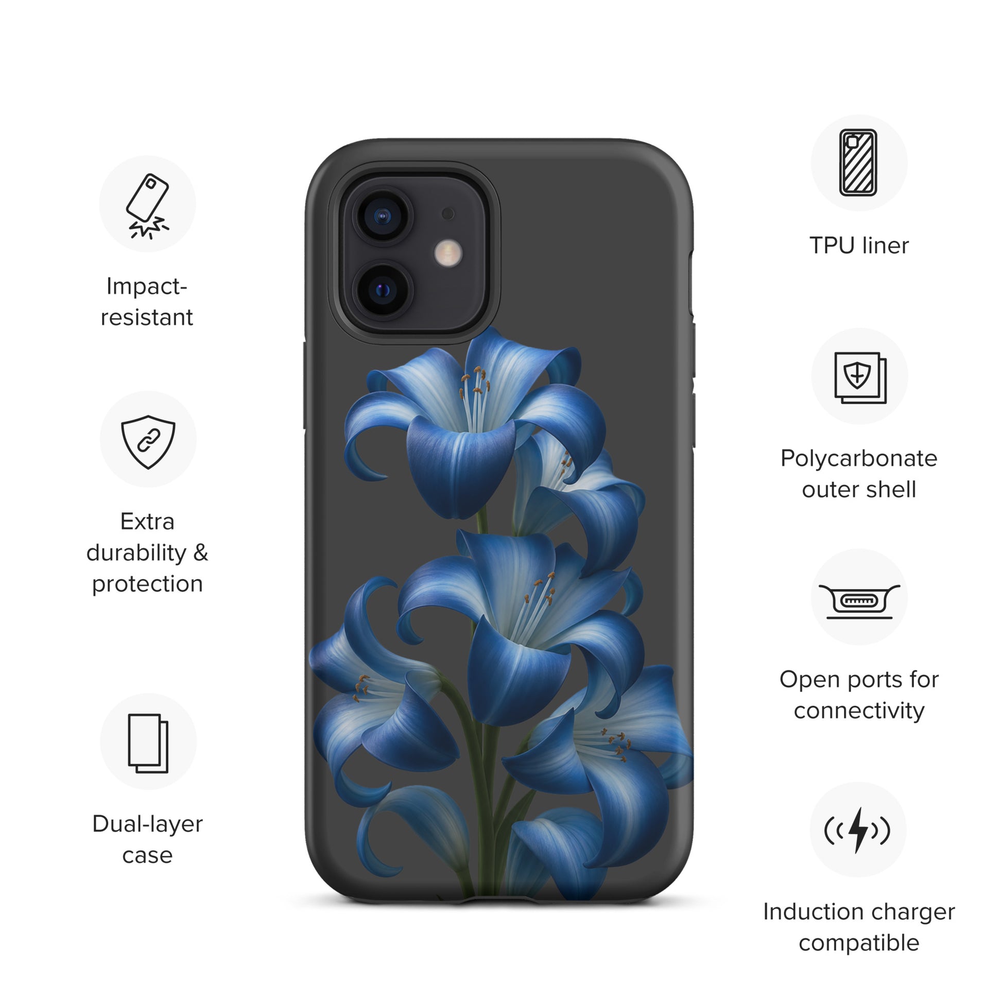 Phone Case for iPhone with blue lily bloom art on tough stylish finish, featuring dual-layer protection and sleek dark backdrop.