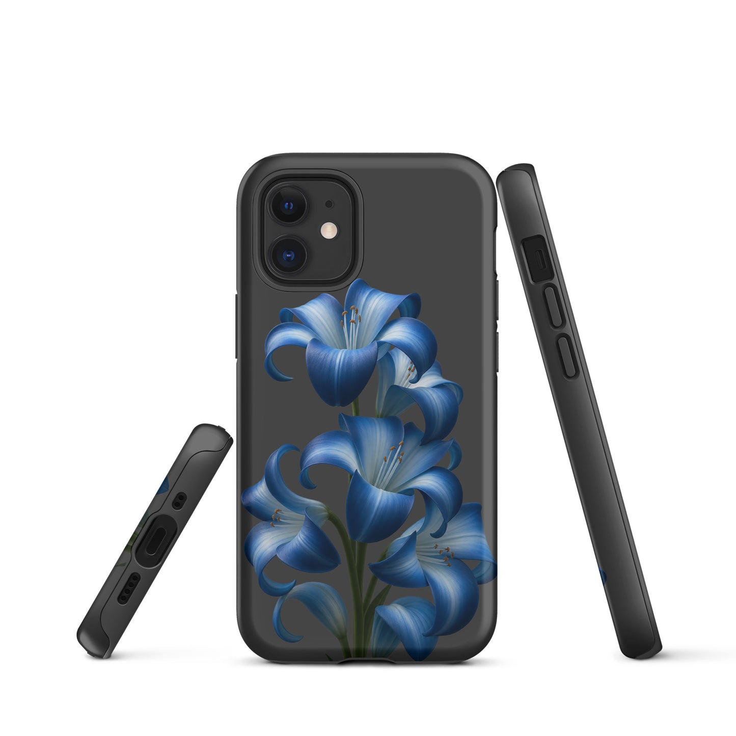 Phone Case for iPhone with blue lily bloom art on tough finish, showcasing stylish protection with vibrant floral design.