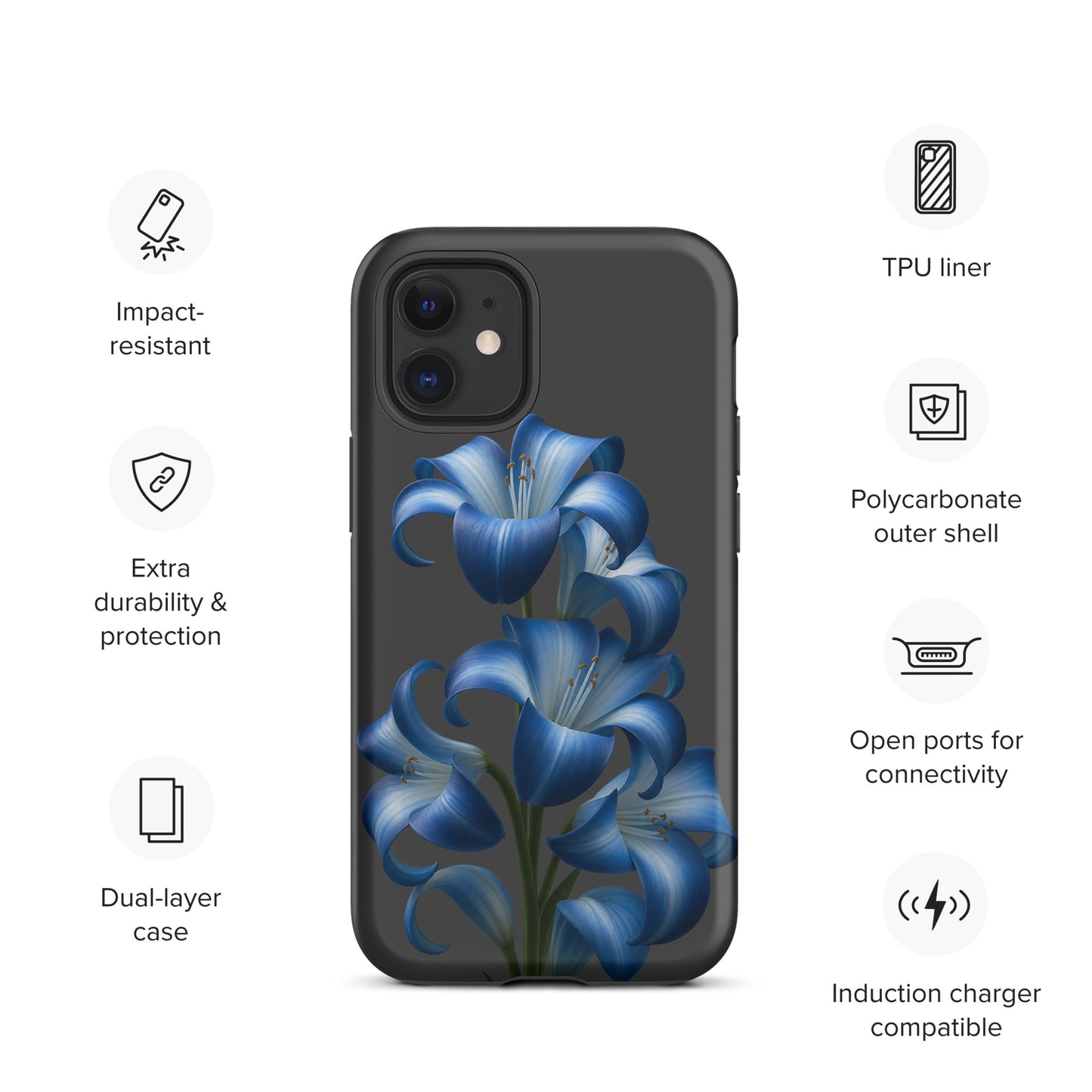 Phone Case for iPhone with Blue Lily Bloom Art, dual-layer protection, impact-resistant, durable design.