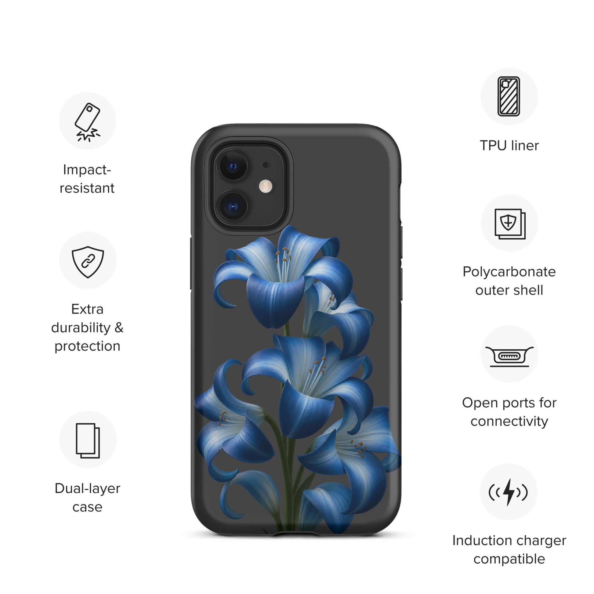 Phone Case for iPhone with Blue Lily Bloom Art, dual-layer protection, impact-resistant, durable design.