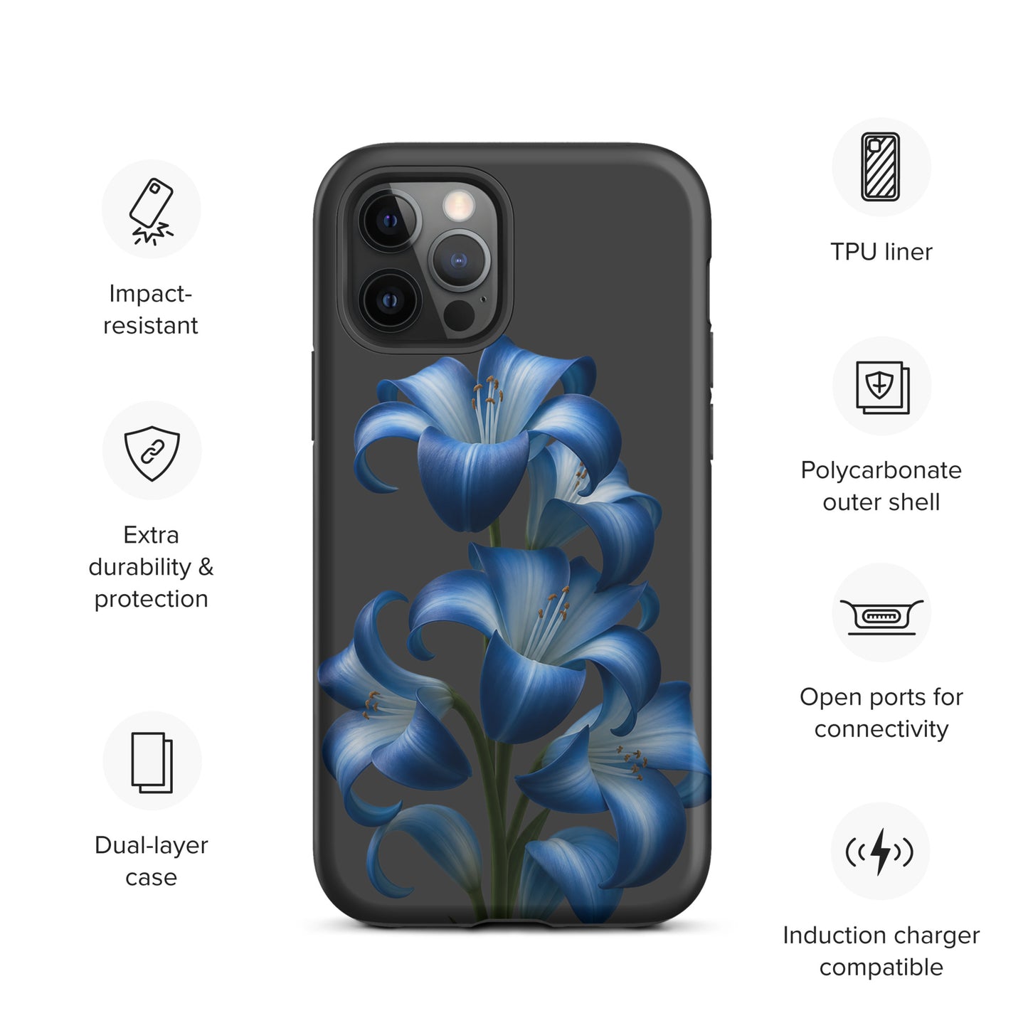 Phone Case for iPhone featuring blue lily bloom art with dual-layer protection and sleek design on a dark backdrop.