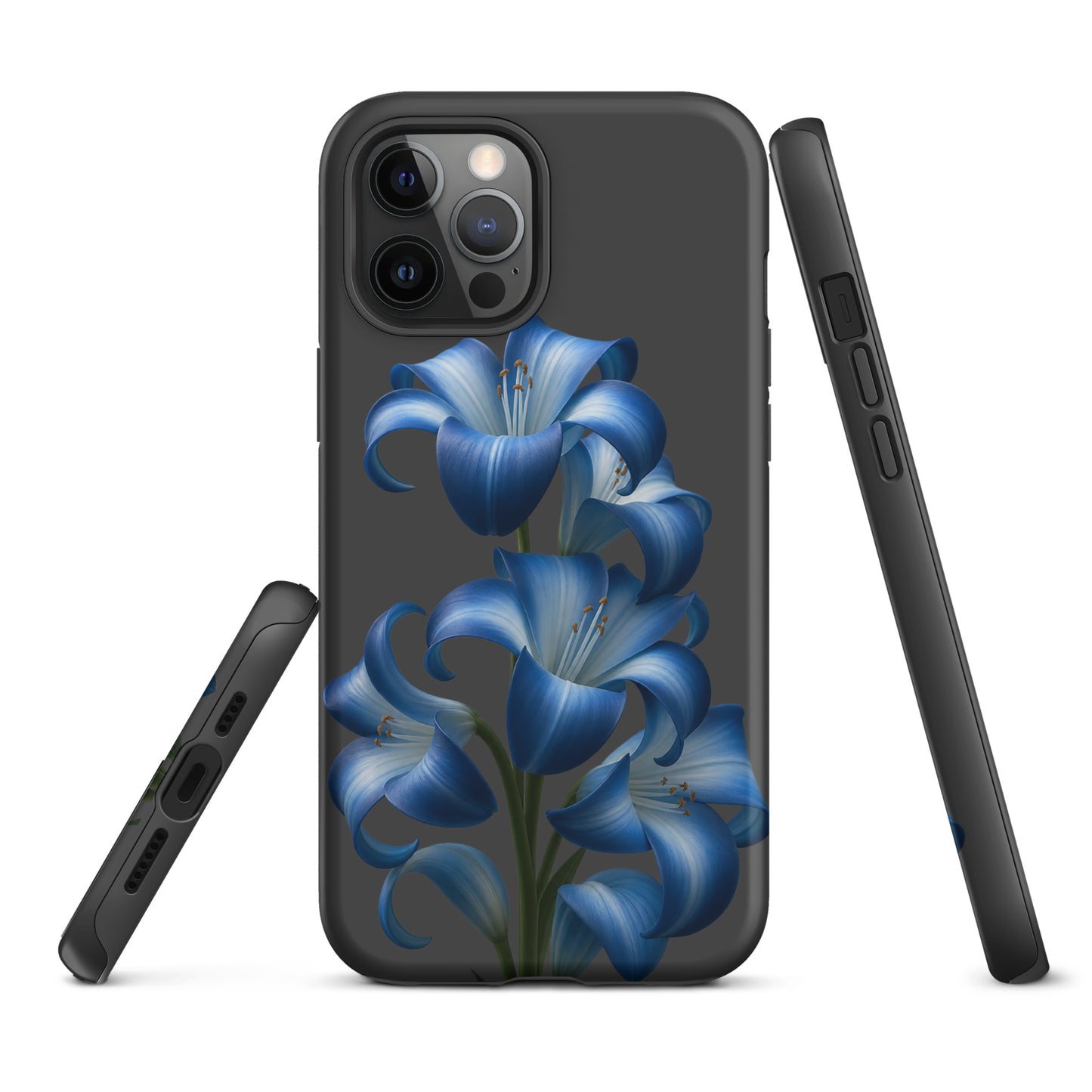 Phone Case for iPhone with blue lily bloom art on a sleek, tough design, offering stylish protection.