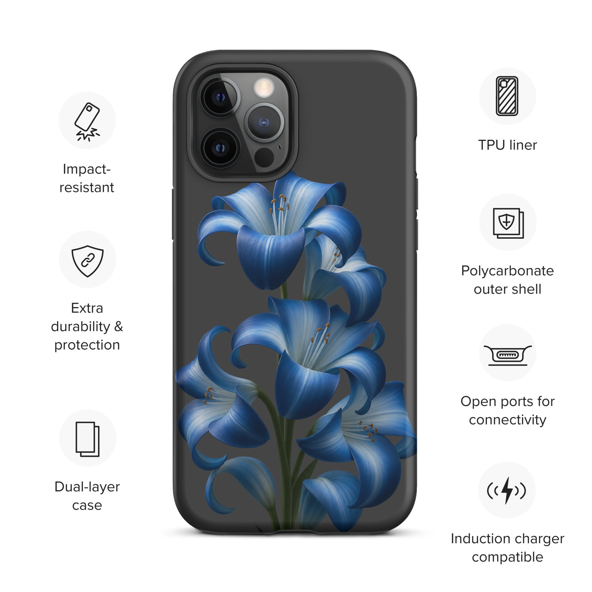 Phone Case for iPhone with Blue Lily Bloom Art and Dual-Layer Protection, showing impact-resistant features and sleek dark design.