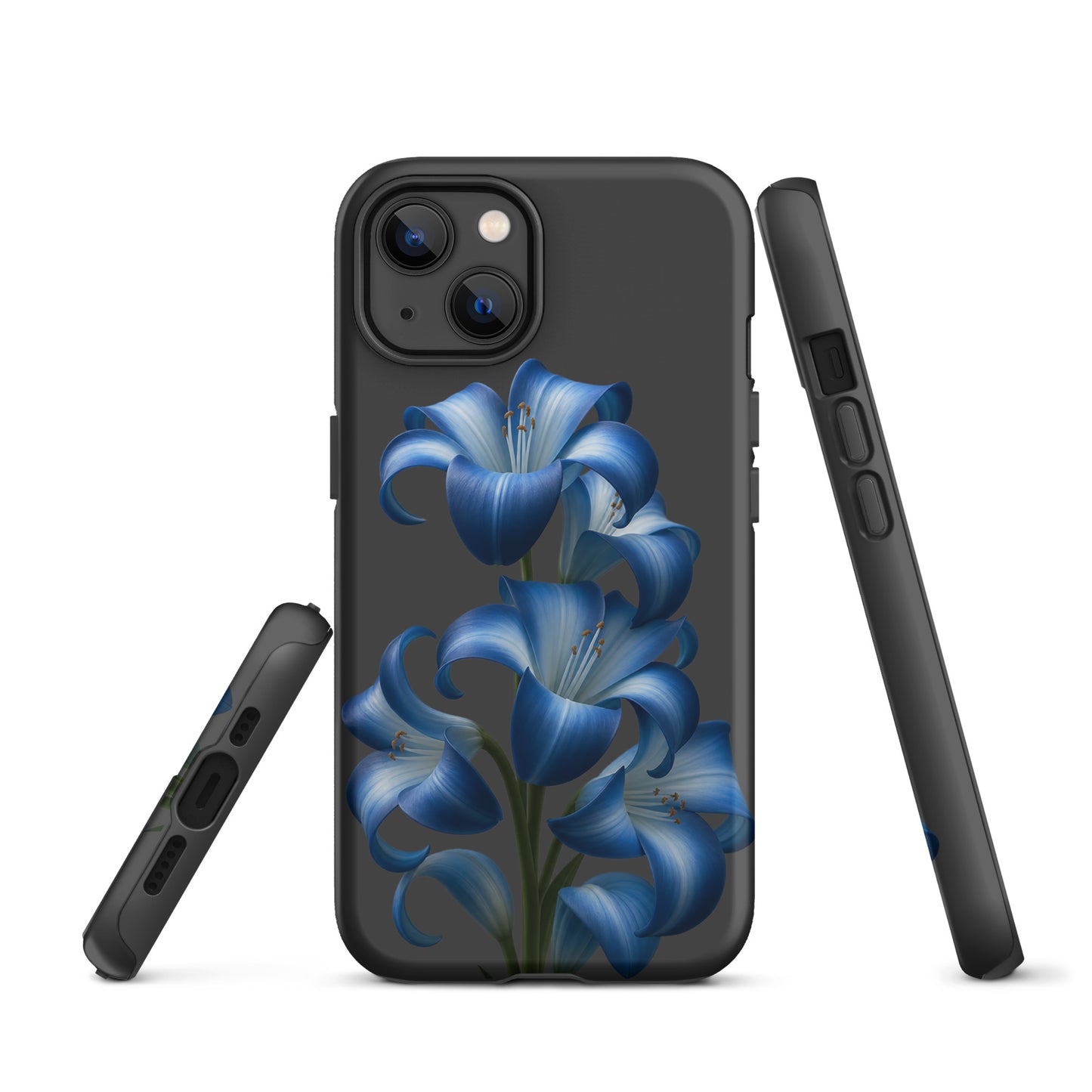 Phone Case for iPhone with blue lily bloom art and tough finish, featuring vibrant blue lilies on a sleek dark background, dual-layer build.