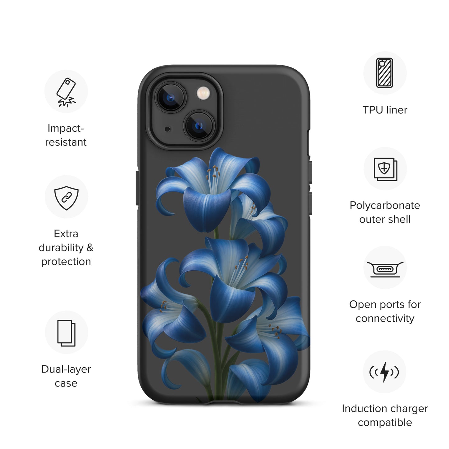 Phone Case for iPhone with blue lily bloom art, impact-resistant with dual-layer protection and sleek design.