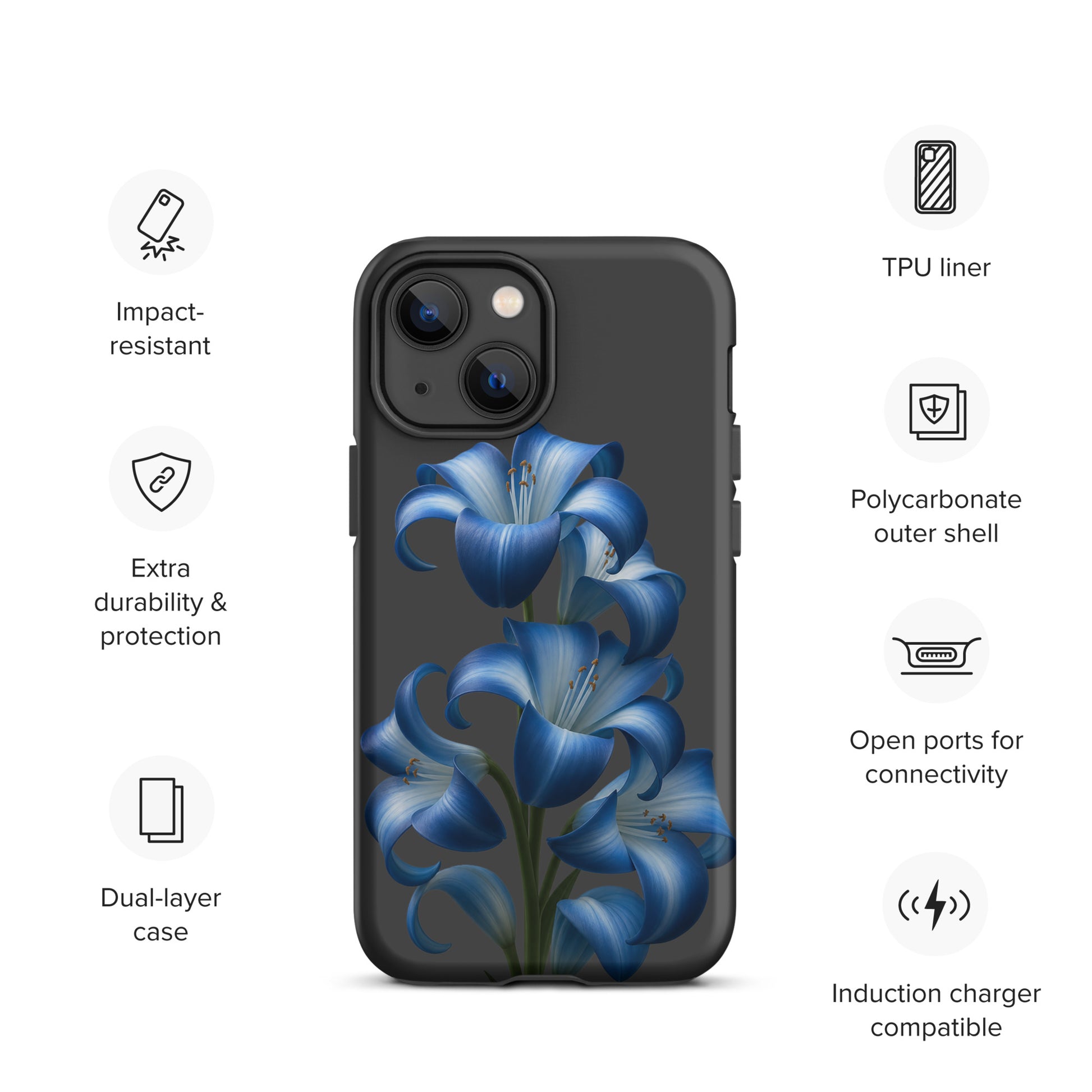 Phone Case for iPhone with Blue Lily Bloom Art, dual-layer protection, and impact-resistant design