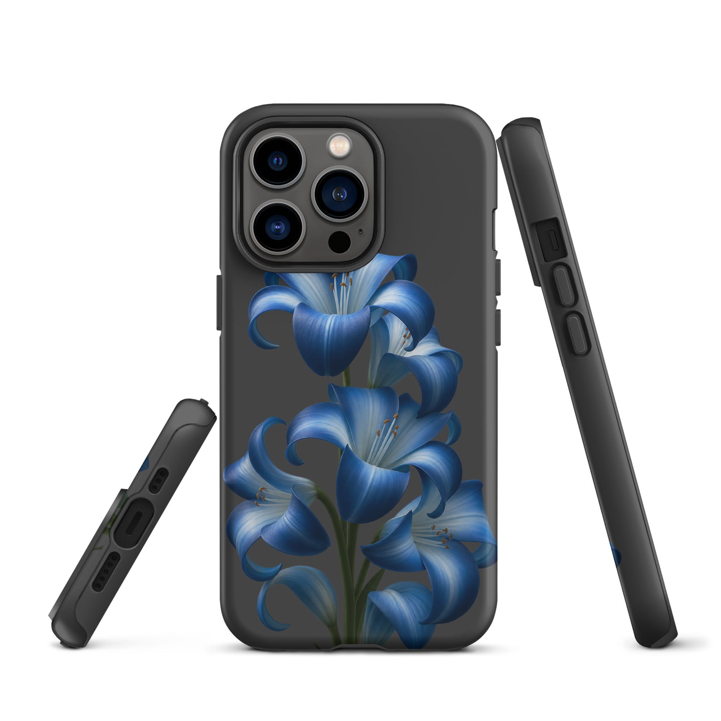 Phone Case for iPhone with blue lily bloom art, dual-layer tough finish, stylish and protective floral design on dark backdrop.