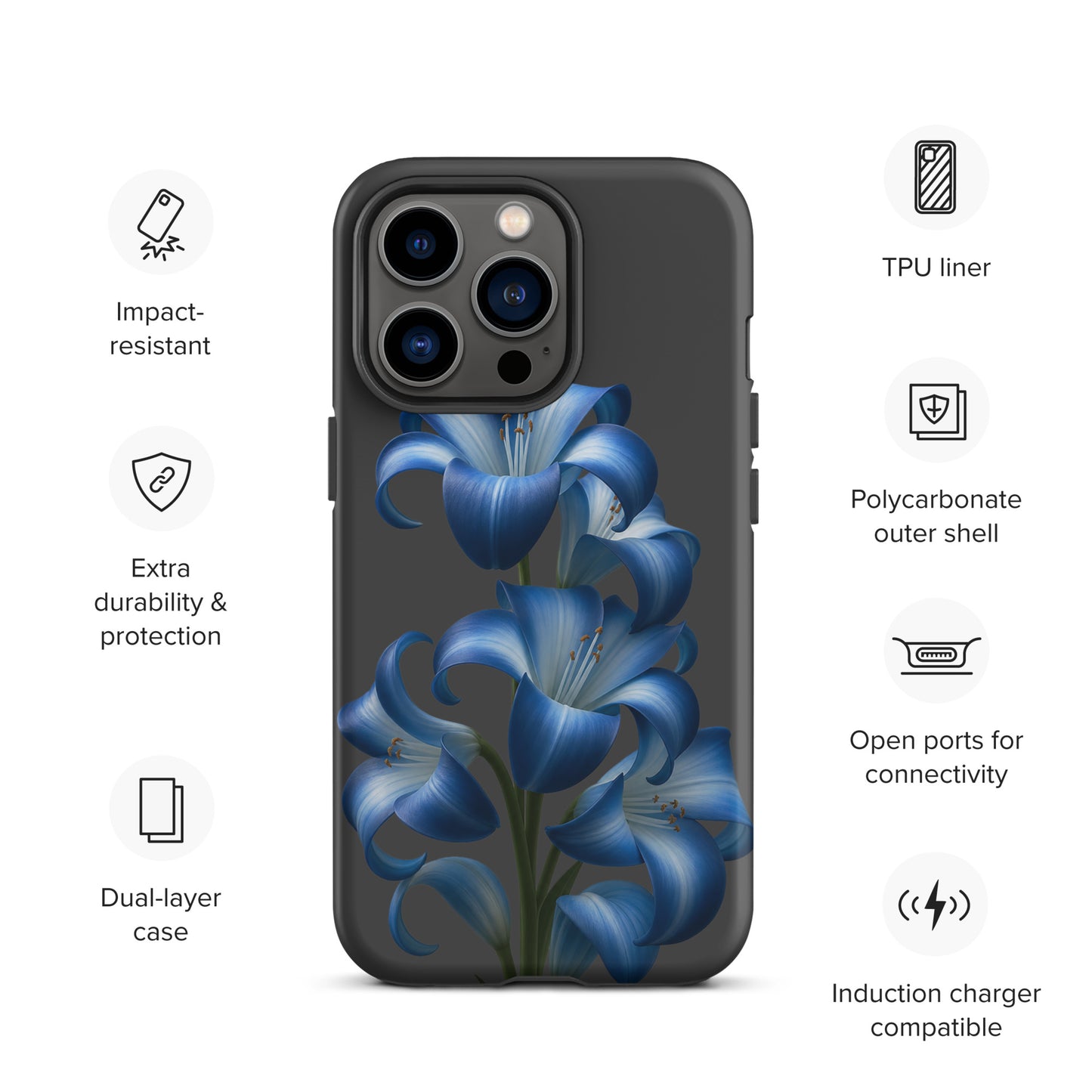 Phone Case for iPhone featuring blue lily bloom art on a dark background with durable dual-layer protection.