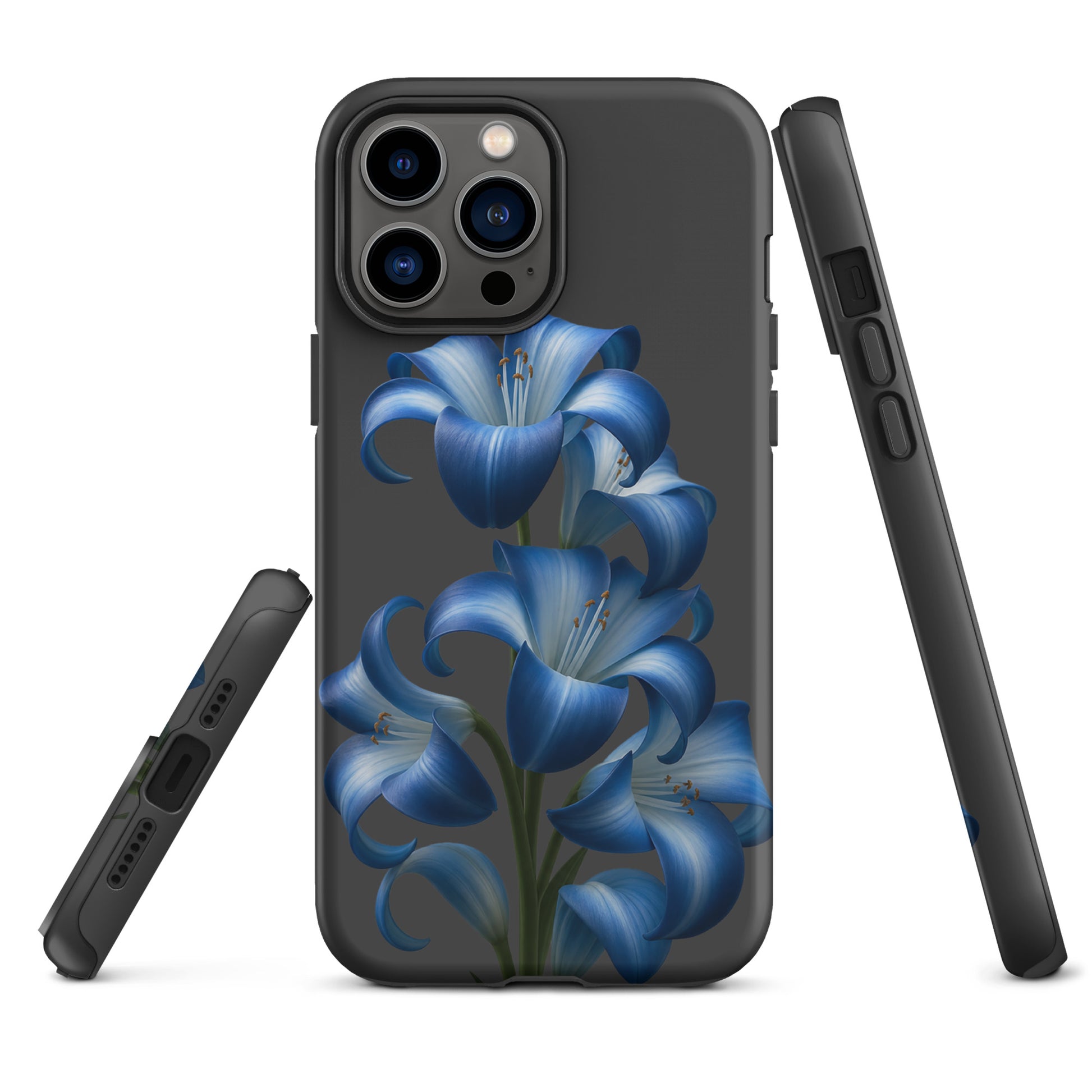 Phone Case with Blue Lily Bloom Art for iPhone, featuring a tough finish and vibrant floral design on a dark backdrop.
