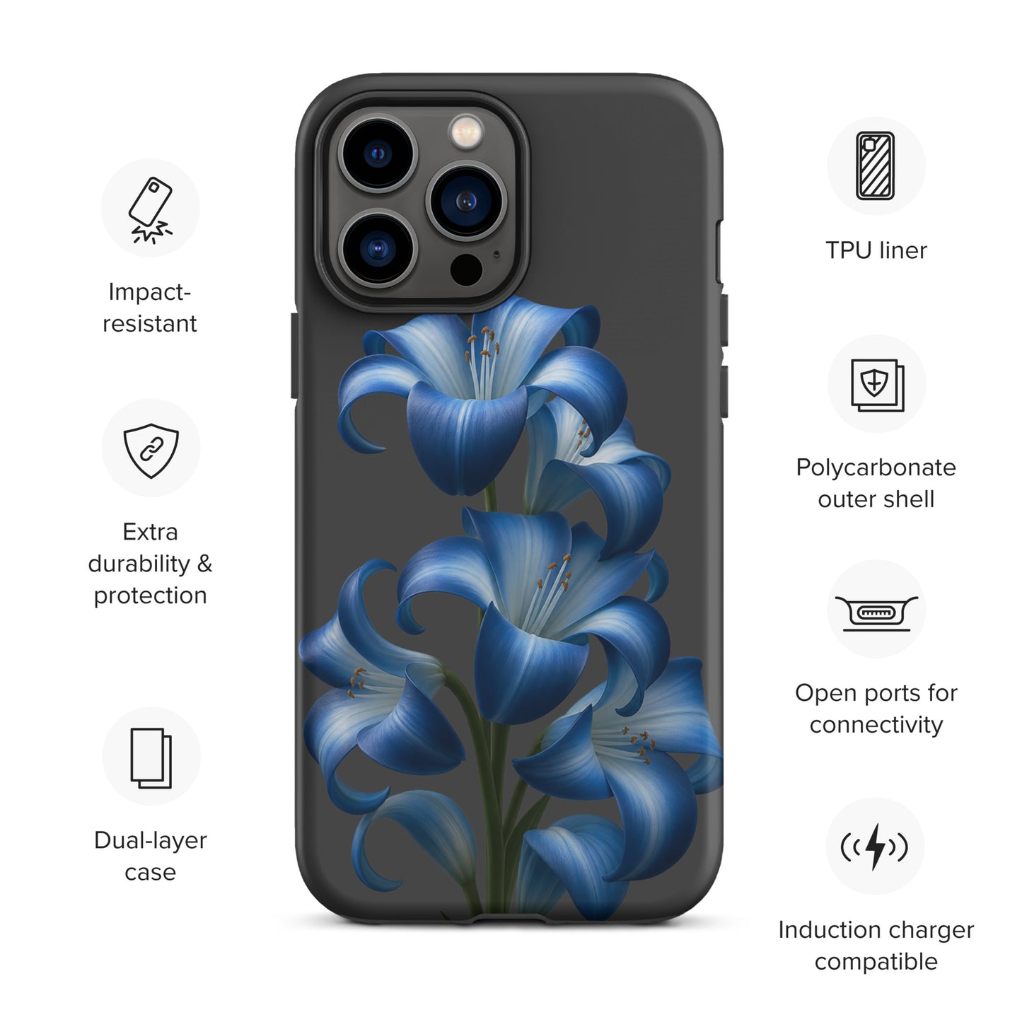Phone Case for iPhone with blue lily bloom art, impact-resistant dual-layer design, TPU liner, polycarbonate outer, connectivity ports.