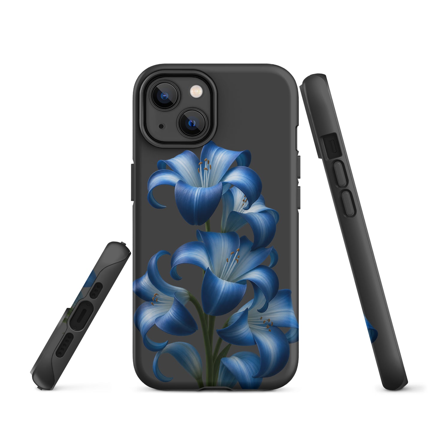 Phone Case for iPhone with Blue Lily Bloom Art on black, showcasing vibrant floral design and tough finish for style and protection.