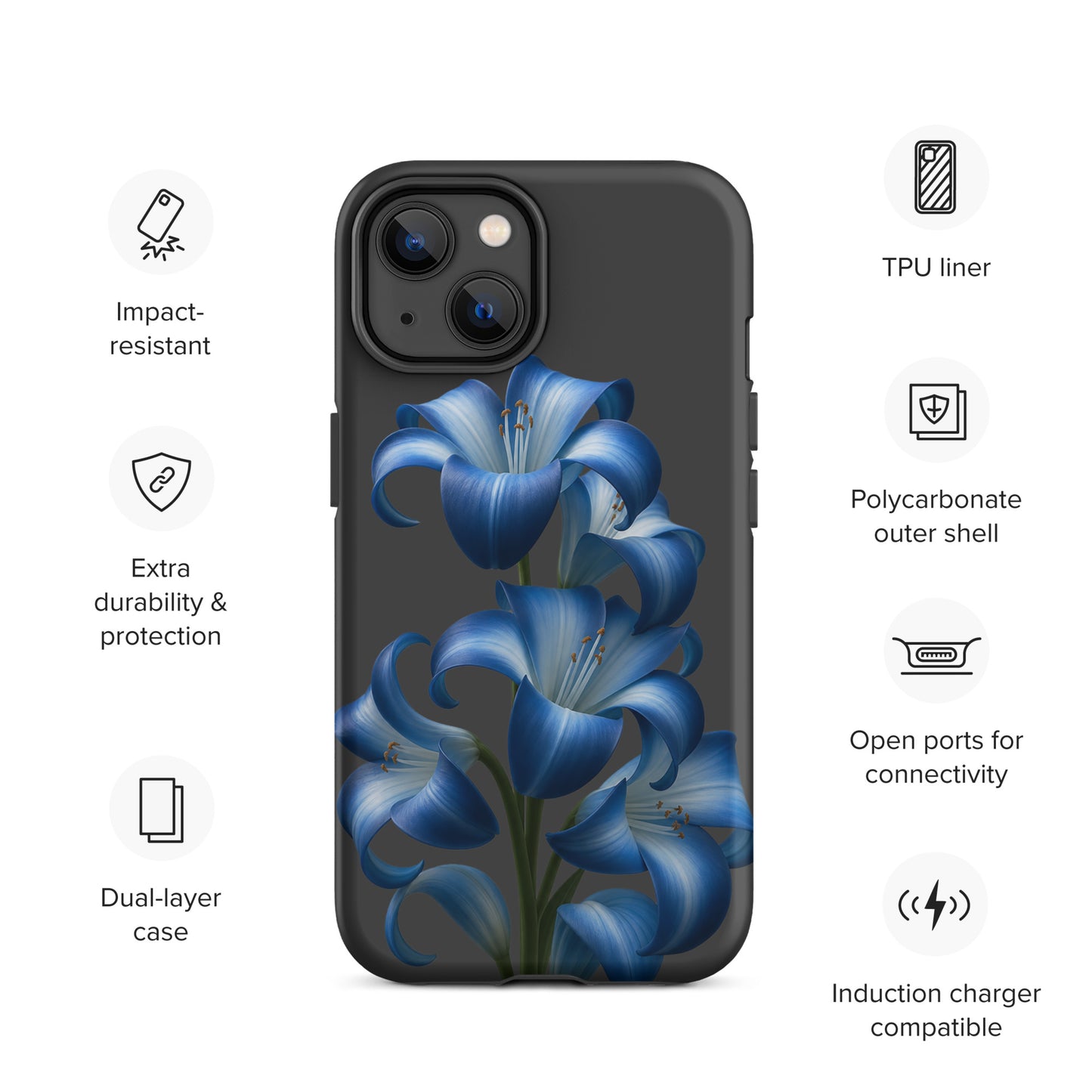 Phone Case for iPhone with Blue Lily Bloom Art on a Tough Dual-Layer Build, Impact-Resistant and Stylish