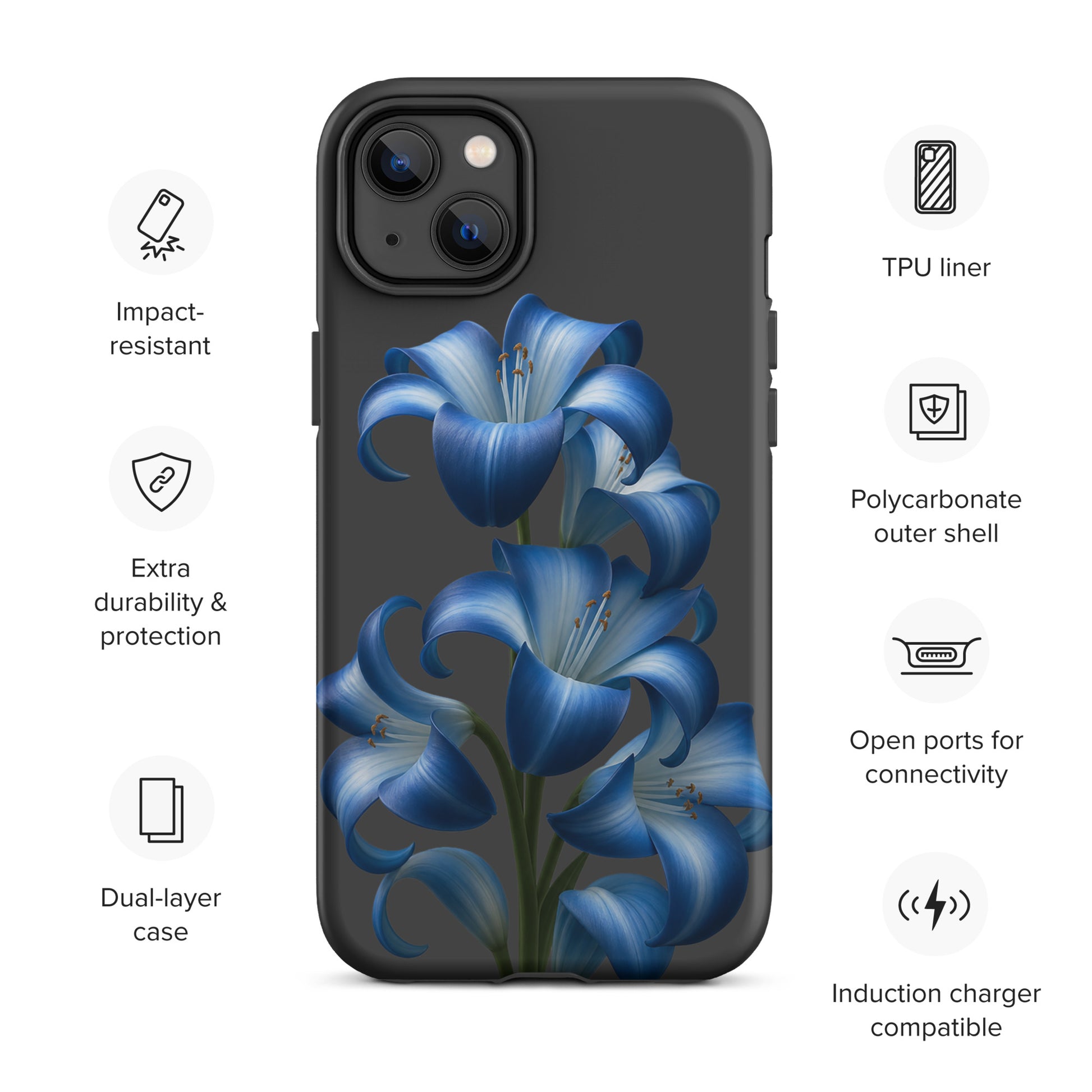 Phone Case for iPhone featuring blue lily bloom art with a tough, dual-layer design and dark backdrop, impact-resistant and stylish.