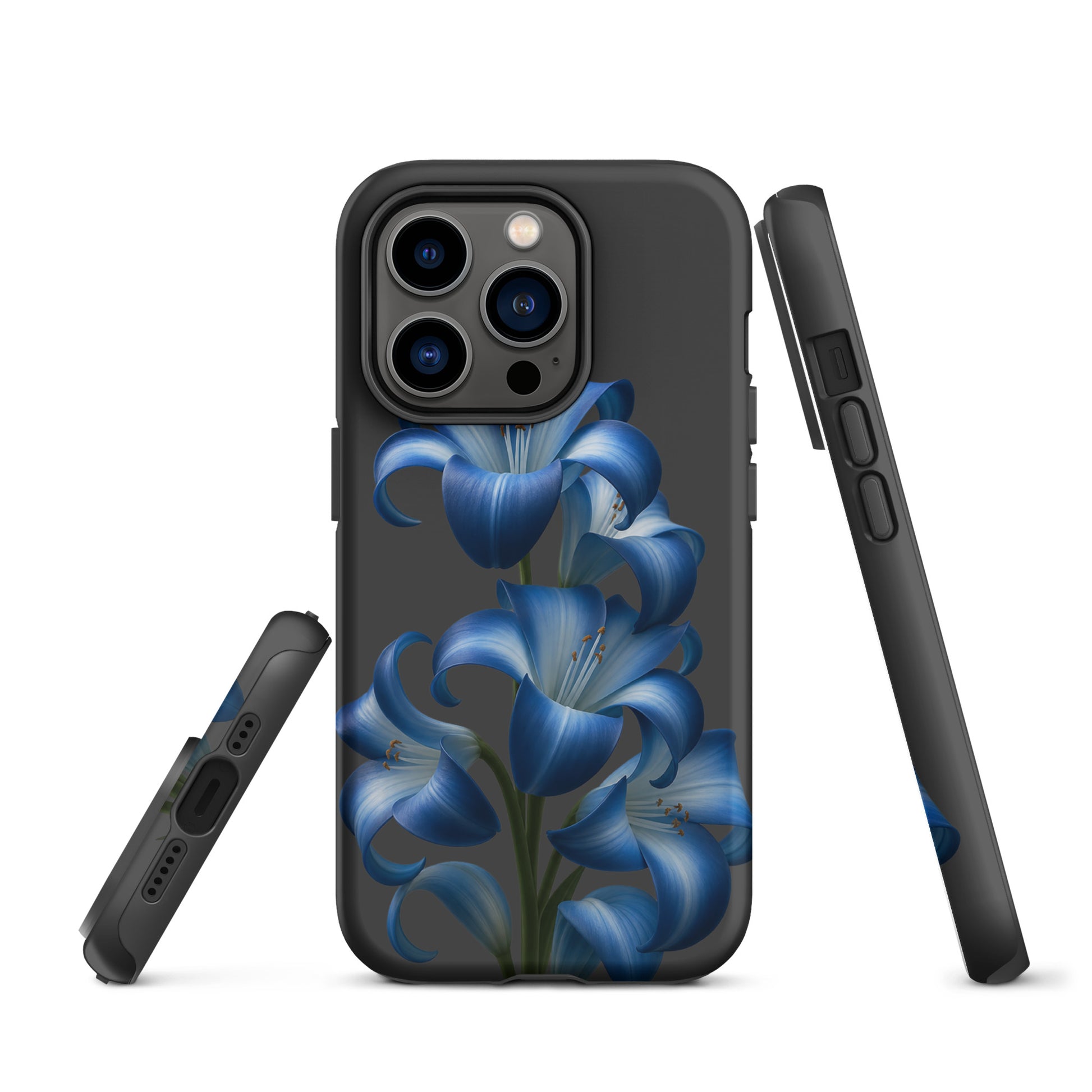 Phone Case with blue lily bloom art, tough finish, dual‑layer design for iPhone, sleek dark backdrop, floral phone protection