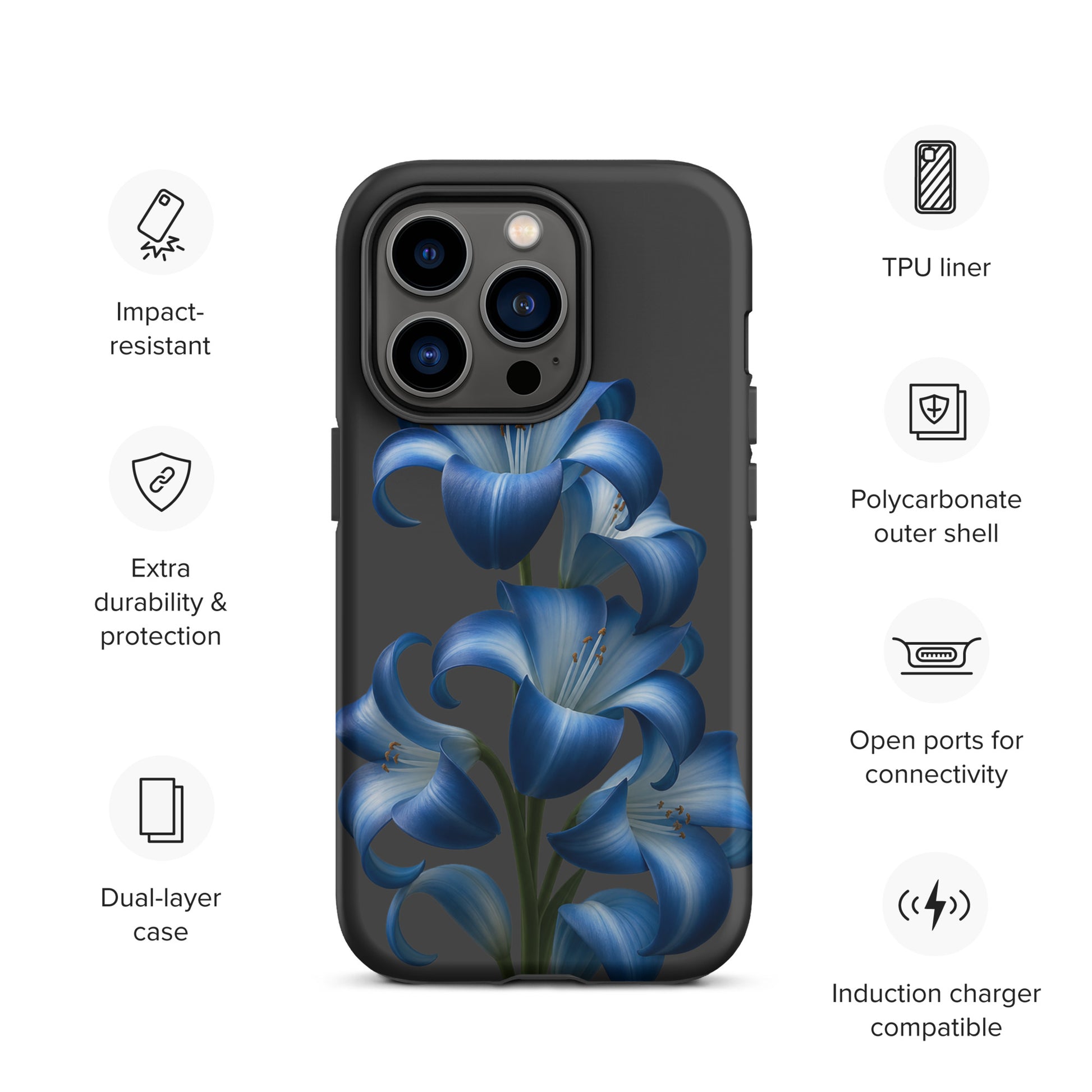 Phone Case for iPhone with Blue Lily Bloom Art and dual-layer design on display with features like impact resistance and TPU liner.
